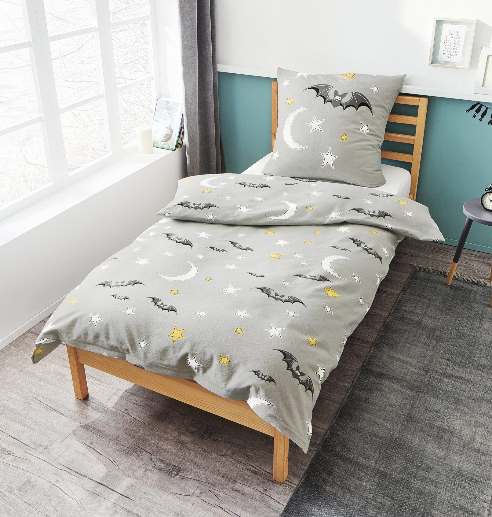 JACK Kinderbettwäsche JACK by Bierbaum Kinder Biber Fledermaus Bettwäsche 2 tlg. 135x200cm, Biber, 2 teilig, Kinderbettwäsche mit tollem Motiv, Sterne, Mond, Gr – Bild 4 von 5