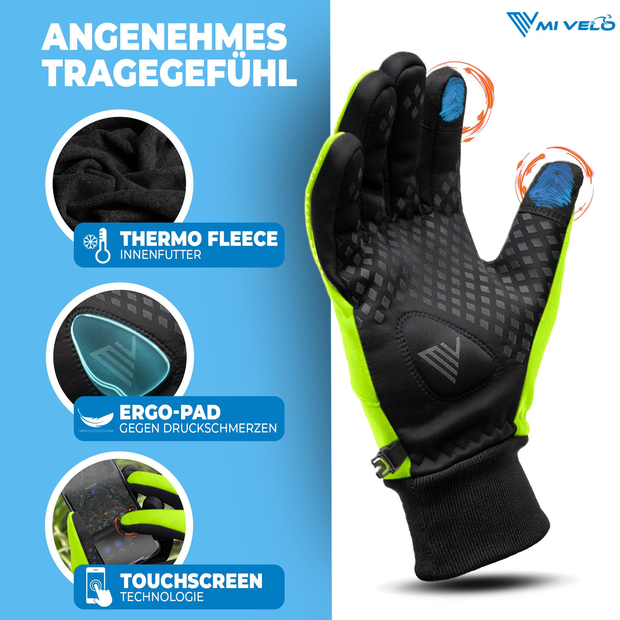 MIVELO Fahrradhandschuhe warme Winterhandschuhe wasserabweisend winddicht mit Touchscreen Funktion – Bild 5 von 5