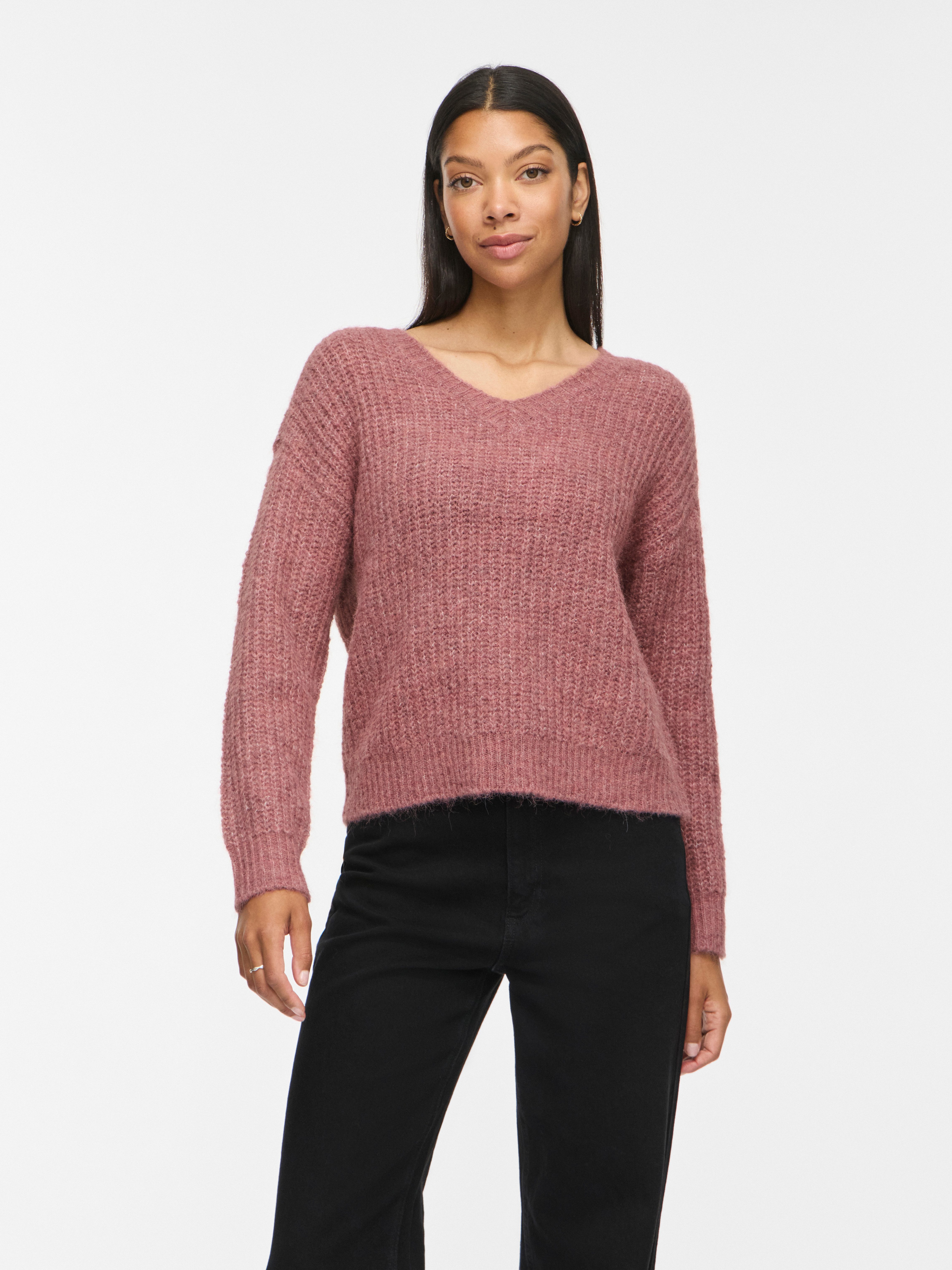 Vila V-Ausschnitt-Pullover VILAMPE V-NECK L/S KNIT TOP-NOOS Materialmix, regular fit