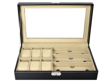 MALATEC Schmuckkasten Schwarzer Uhren-Brillen-Organizer Box: Stilvolle Aufbewahrungslösung (Organizer-Set mit Schlüssel, Uhren-& Brillenorganizer mit Schlüssel), Organizer mit sicherem Verschluss und weicher Innenpolsterung