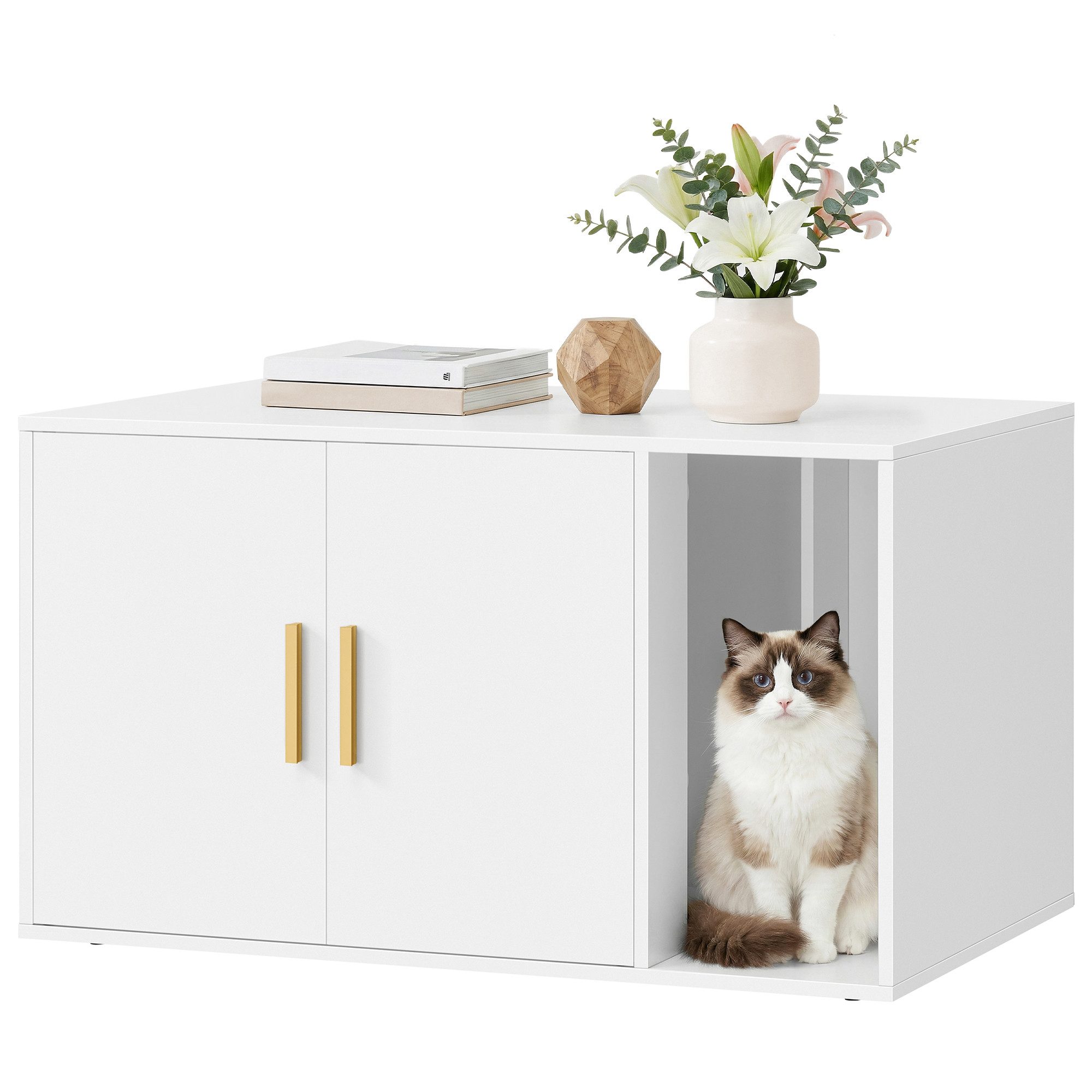 FEANDREA Katzentoilette Katzenklo-Schrank, moderne Katzenhaus, für Wohnzimmer, Vordereingang, Doppeltüren mit Griffen, Beistelltisch, 80 x 50 x 45 cm