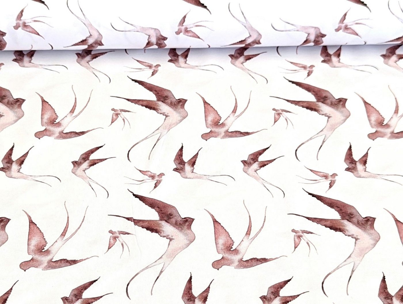Thumbnail - Corileo Stoff Baumwolljersey Aquarell Schwalben Braun Weiß Stoff Meterware, Meterware