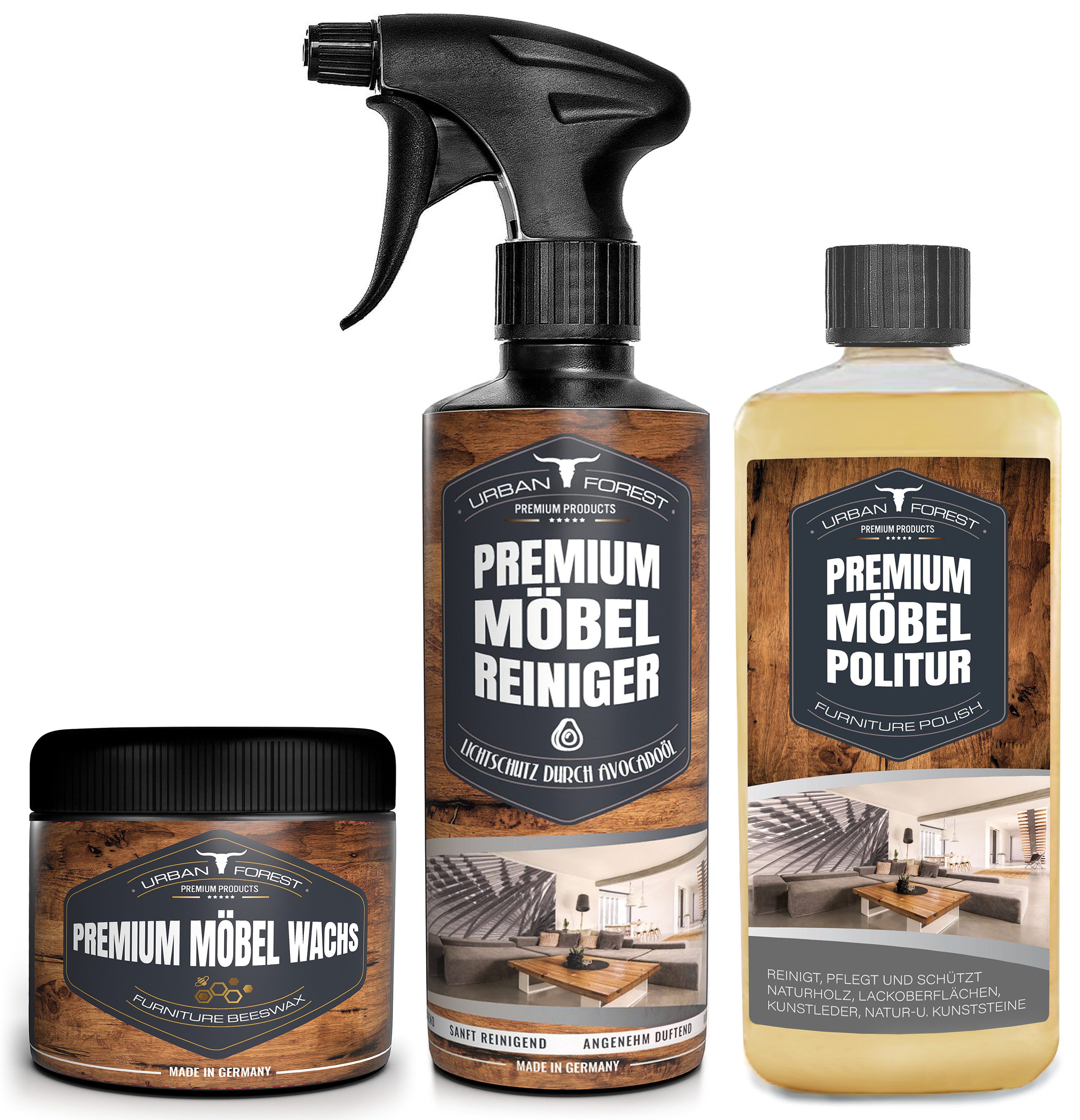 URBAN FOREST Sparset Möbelreiniger 500ml+Möbelpolitur 500ml+Möbelwachs 250ml Holzreiniger (3-St. Möbelreiniger+Möbelwachs+Möbelpolitur Möbel, Leder, Holz)