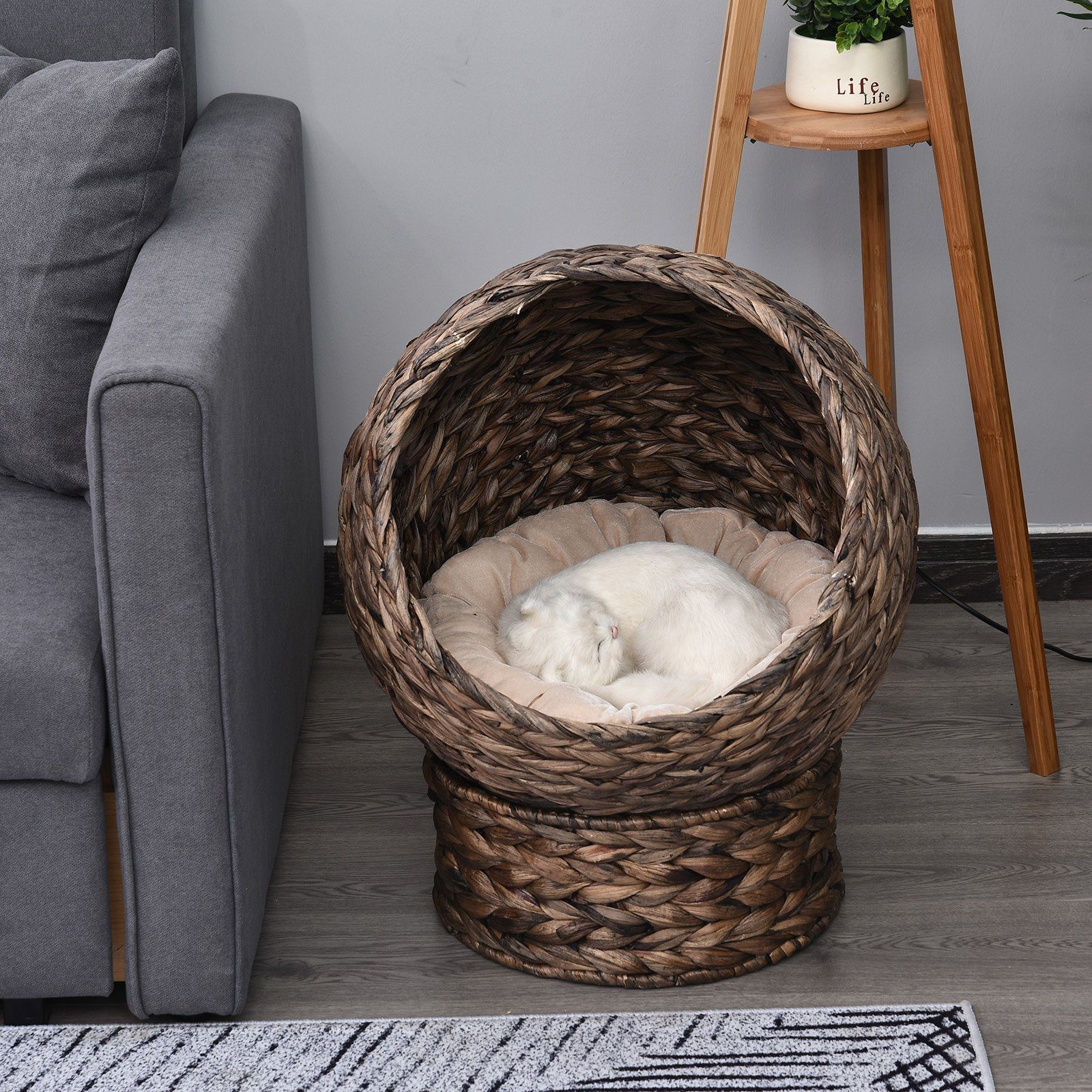 PawHut Tierhaus Rattan Katzenbett mit Kissen, Haustierbett Wasserhyazinthe, für Katzen, Braun