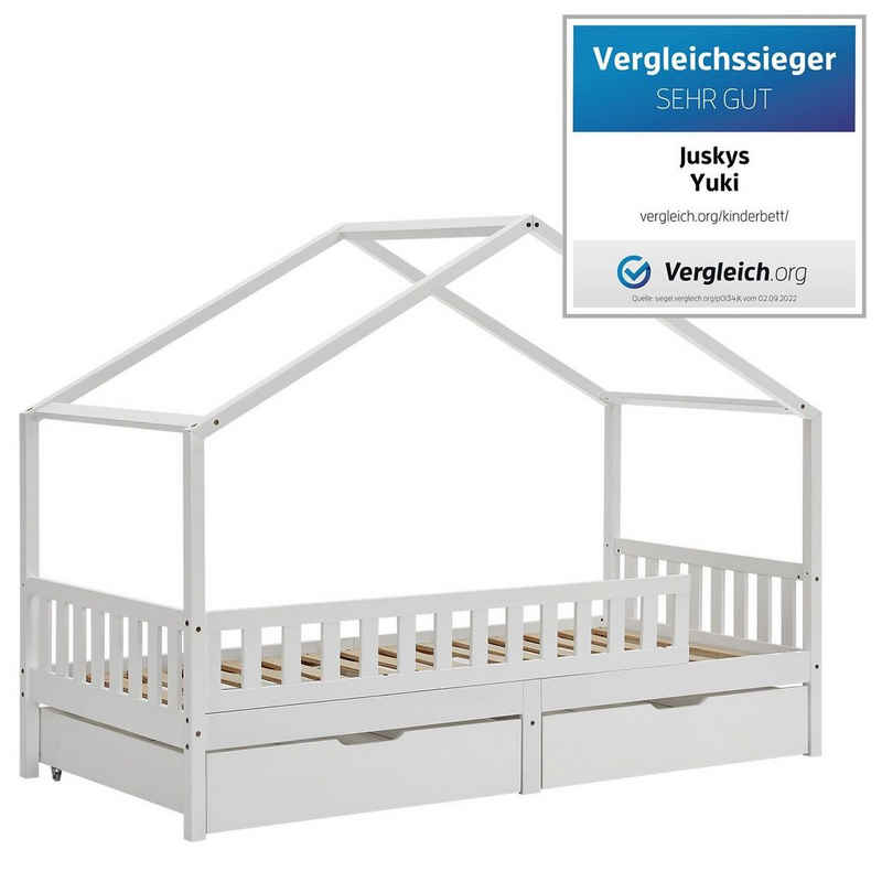 Juskys Kinderbett »Yuki«, Massives Kiefernholz, Bettkasten, Rausfallschutz, Hausoptik mit Dach, für Kinder von 3 bis 10 Jahren