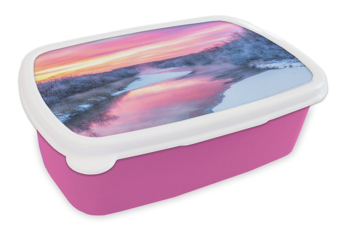 MuchoWow Lunchbox Bunter Himmel über einer ruhigen Winterlandschaft, Kunststoff, (2-tlg), Brotbox für Erwachsene, Brotdose Kinder, Snackbox, Mädchen, Kunststoff rosa