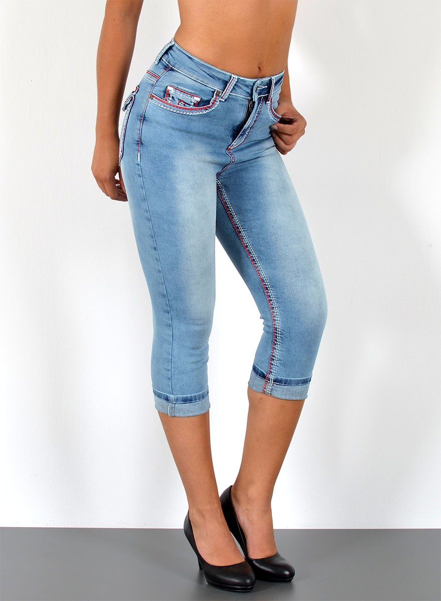ESRA Caprijeans 3/4 Capri Jeans Damen High Waist weiße Naht Jeans Kontrastnähte J569 Capri Jeans Damen High Waist weiße Naht Jeans Kontrastnähte J569