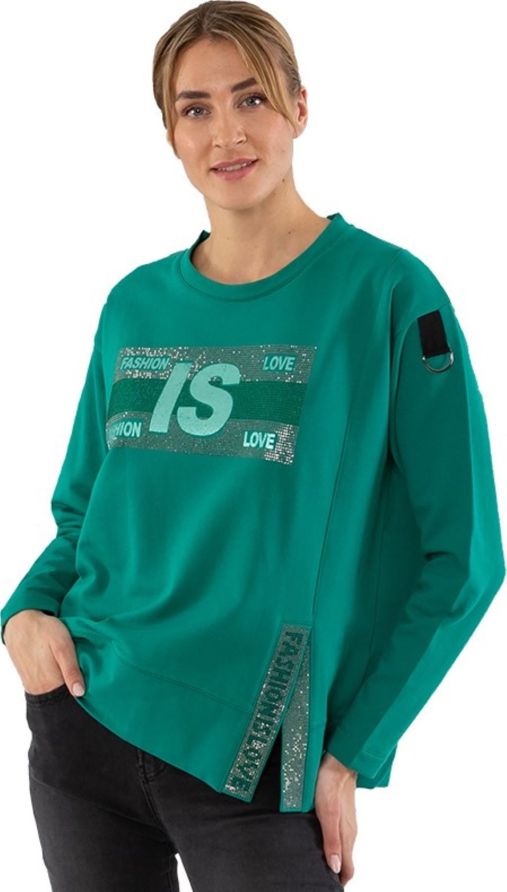 Rundhalspullover 193-7116, "Fashion is love" mit Strass