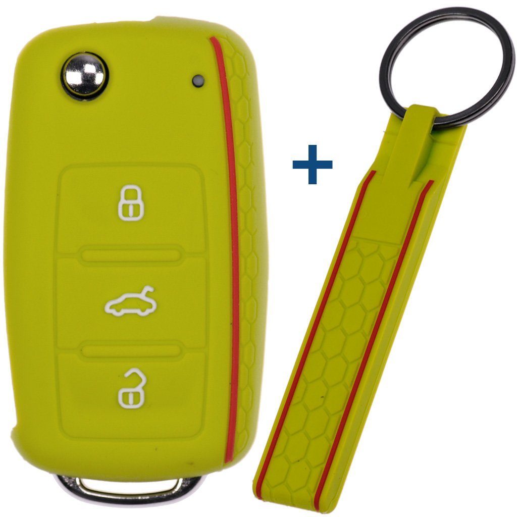 mt-key Schlüsseltasche Autoschlüssel Silikon Schutzhülle mit passendem Schlüsselband, für VW SEAT Skoda Golf 6 Octavia UP Leon ab 11/2009 3 Tasten Apfelgrün