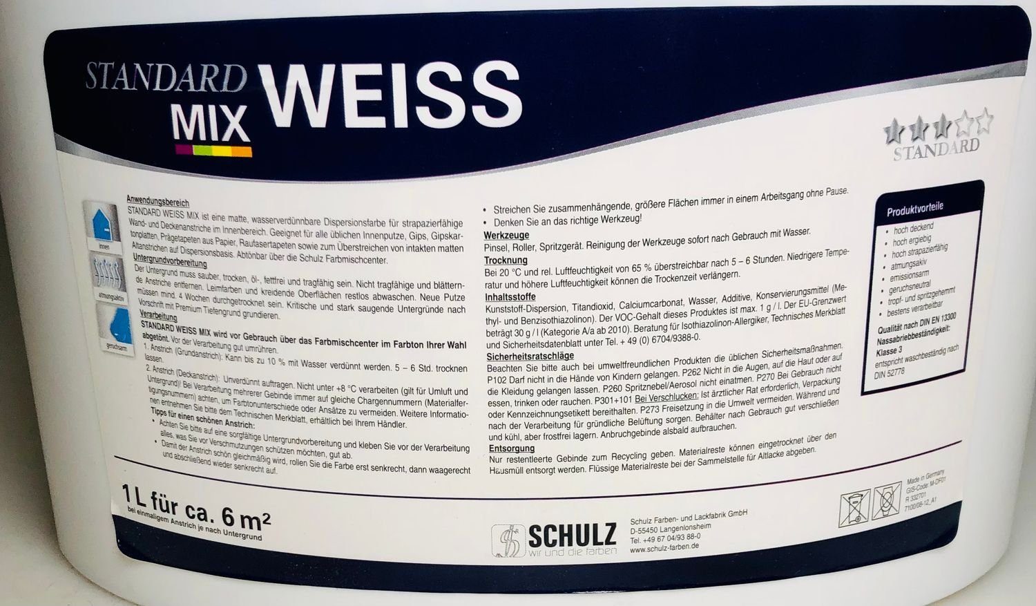 OPUS1 Vollton- Mix Standard Weiß Weiss Wand und Innenfarben Anstrich Schulz Abtönfarbe Beschichtu 5l