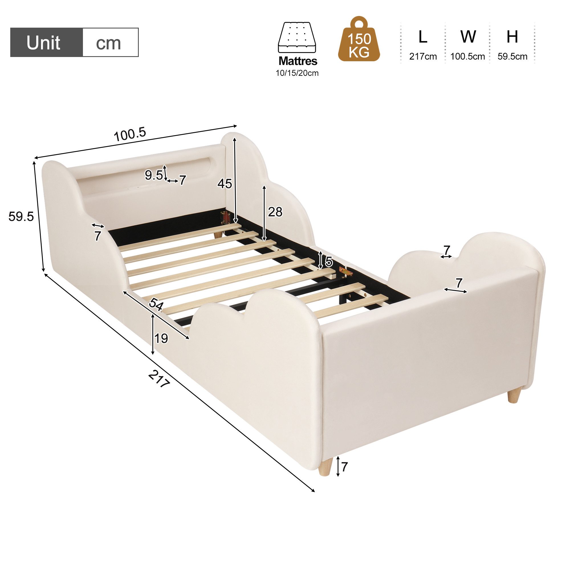 REDOM Polsterbett Kinderbett mit Schutzgeländer, Nachtlicht (Bettbeine, ohne Bettkasten und Matratze, Beige), USB, Ablagefächer, 90x200cm, Samt