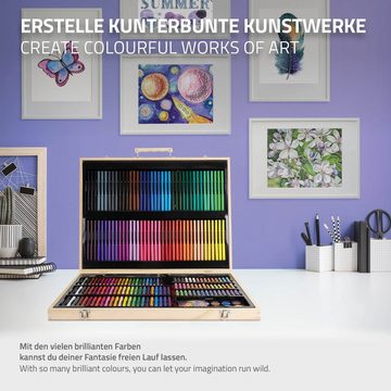 ECD Germany Malstift Malkoffer Künstler Set Zeichenset Pinselset, 220-Teilig Holzkoffer Filzstiften Wachsmalstiften Buntstiften