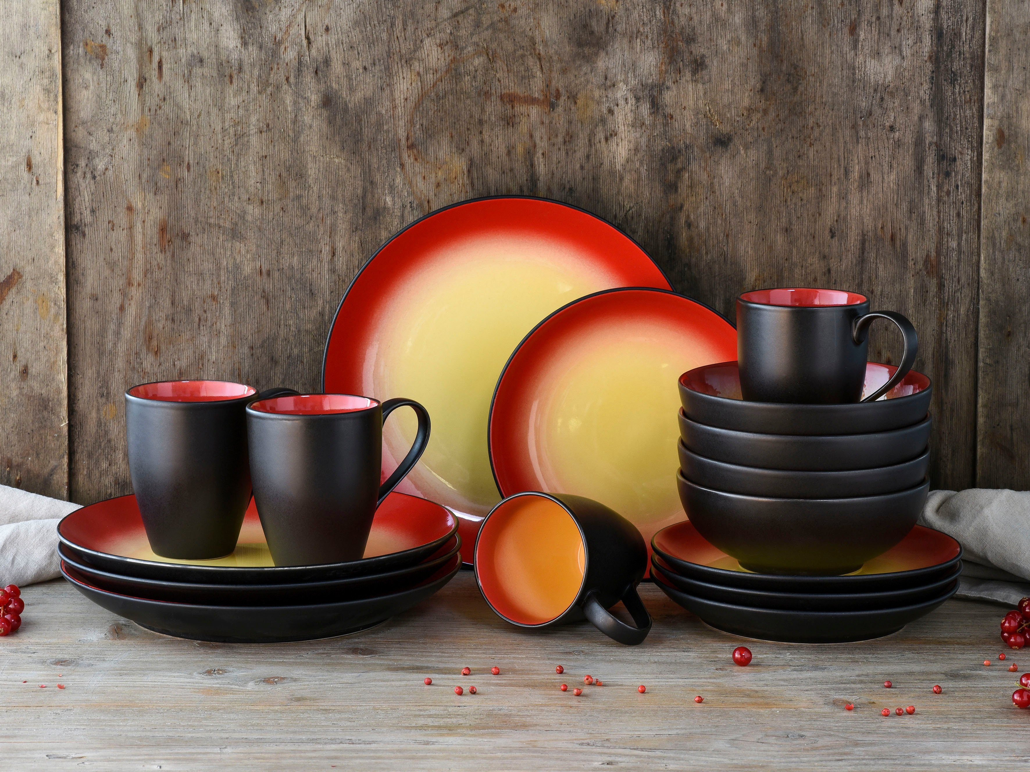 CreaTable Kombiservice Geschirr-Set HOT (16-tlg), 4 Personen, Steinzeug, Service, interessanter Farbverlauf, 16 Teile, für 4 Personen