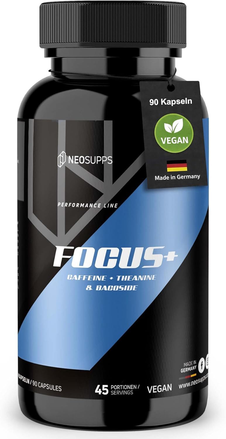 Neosupps Focus+ 90 Kapseln, Hochdosiert mit Koffein, L-Theanin & Bacoside Kapsel, Perfekt für vor dem Training oder beim Lernen