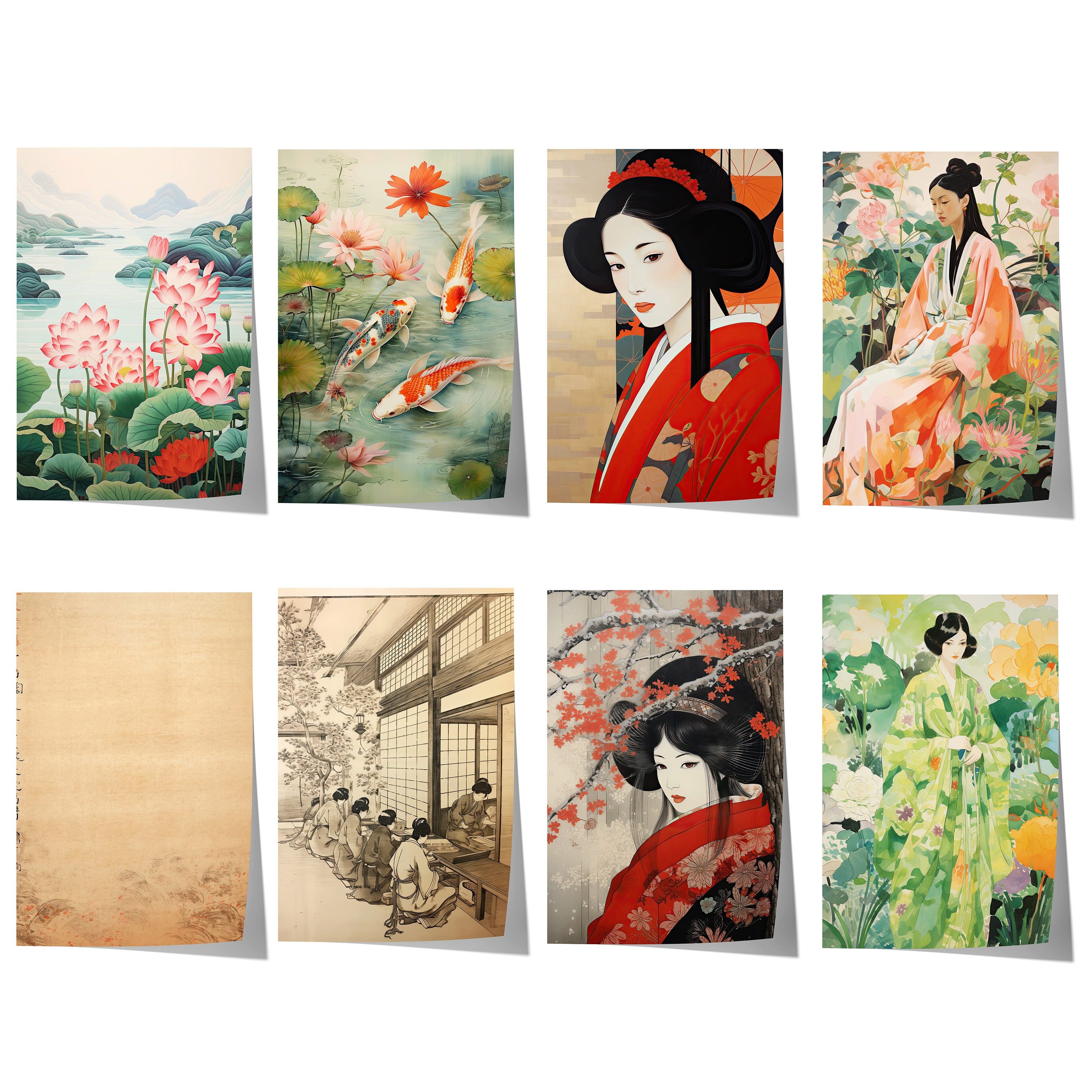 JUSTGOODMOOD Poster Japan Geschenkidee Geisha Kirschblüten Koi und Lotus im Japandi Stil D, F (1 St)