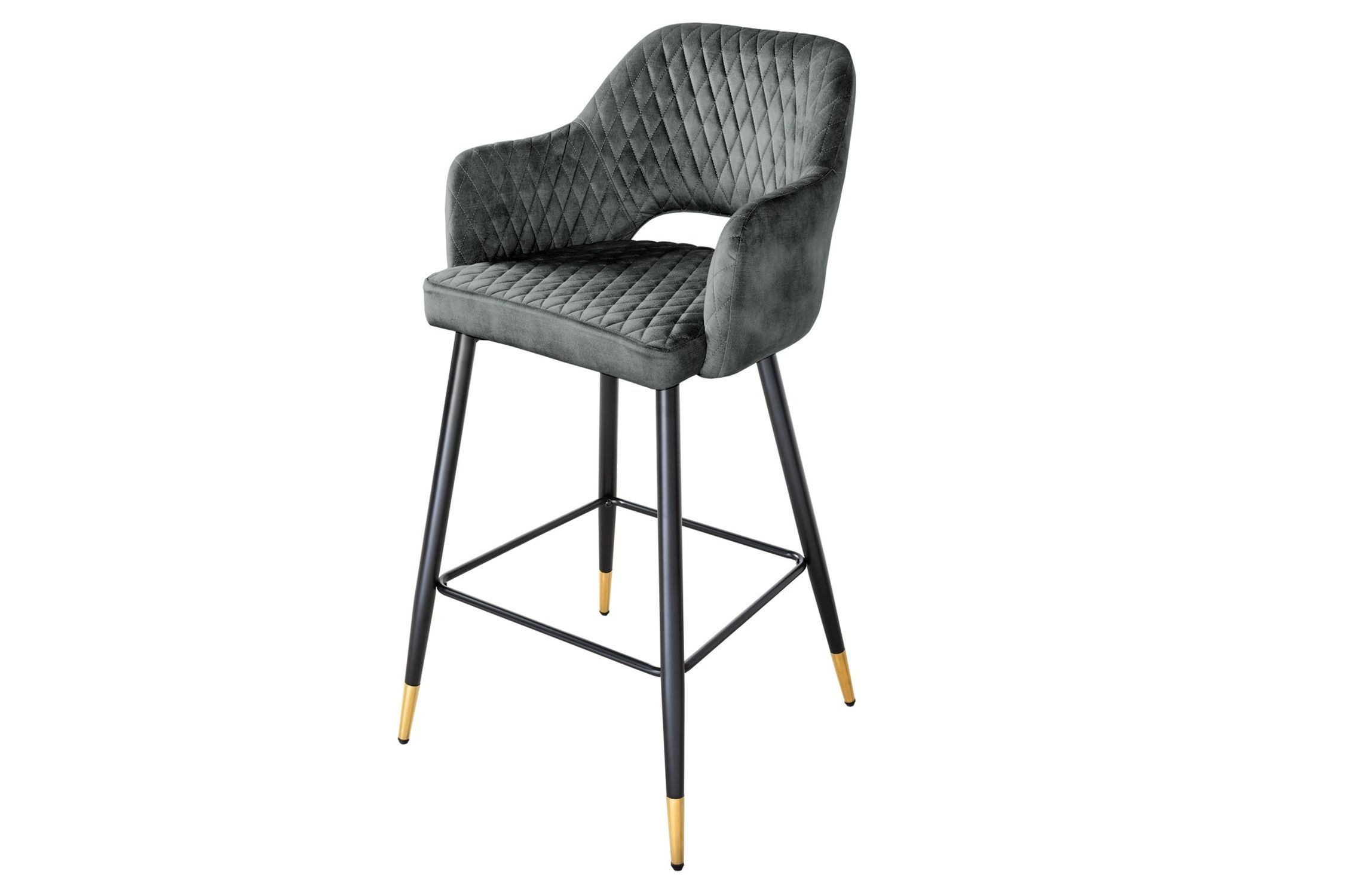 Licht-Erlebnisse Barhocker VENUS, Schwarz Grün-Grau Samt Metall Retro Fußablage Stuhl Bar Tresen Küche