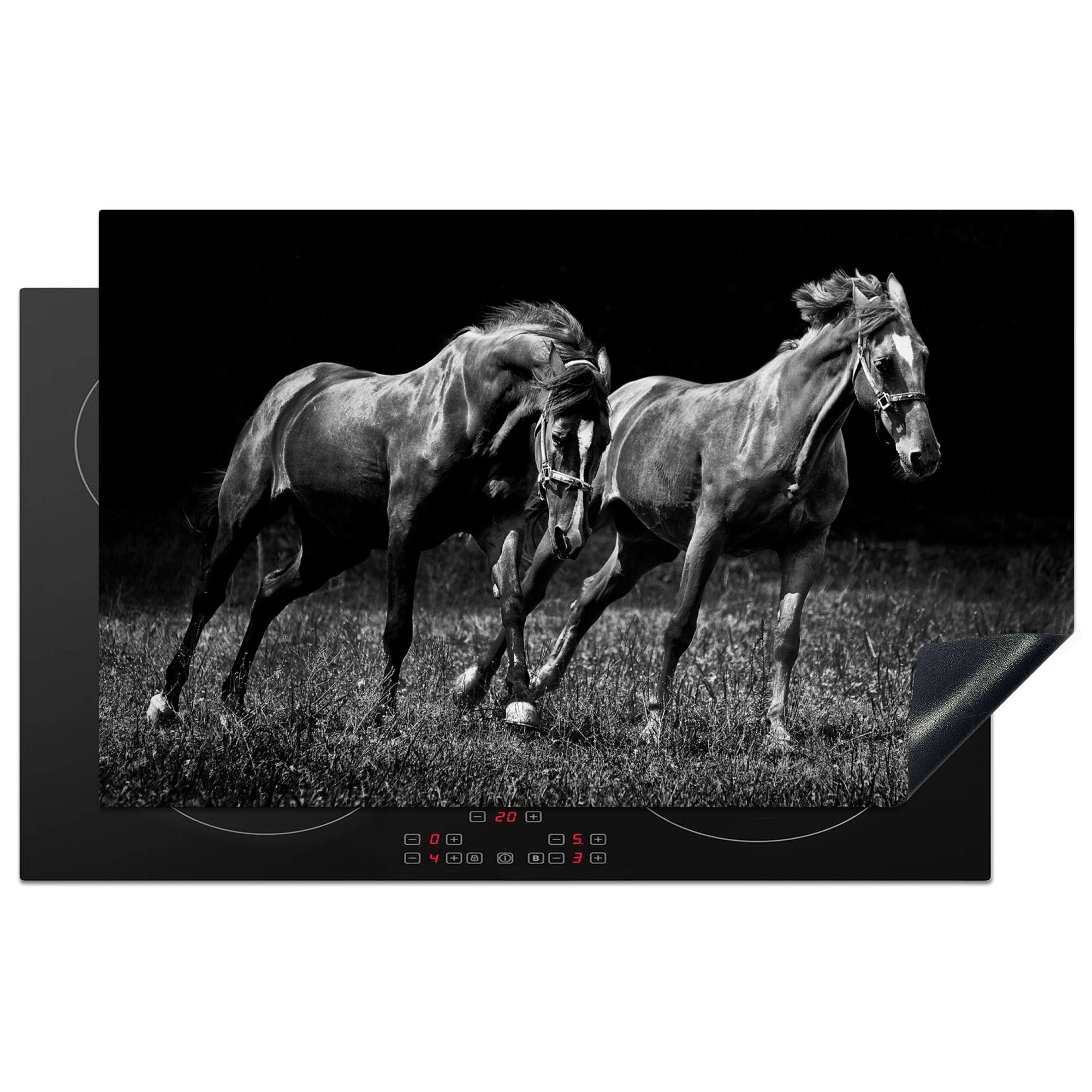 Arbeitsplatte Ceranfeldabdeckung, Pferde Weiß, küche Schwarz 83x51 (1 - cm, Gras Herdblende-/Abdeckplatte - Vinyl, für - tlg), MuchoWow