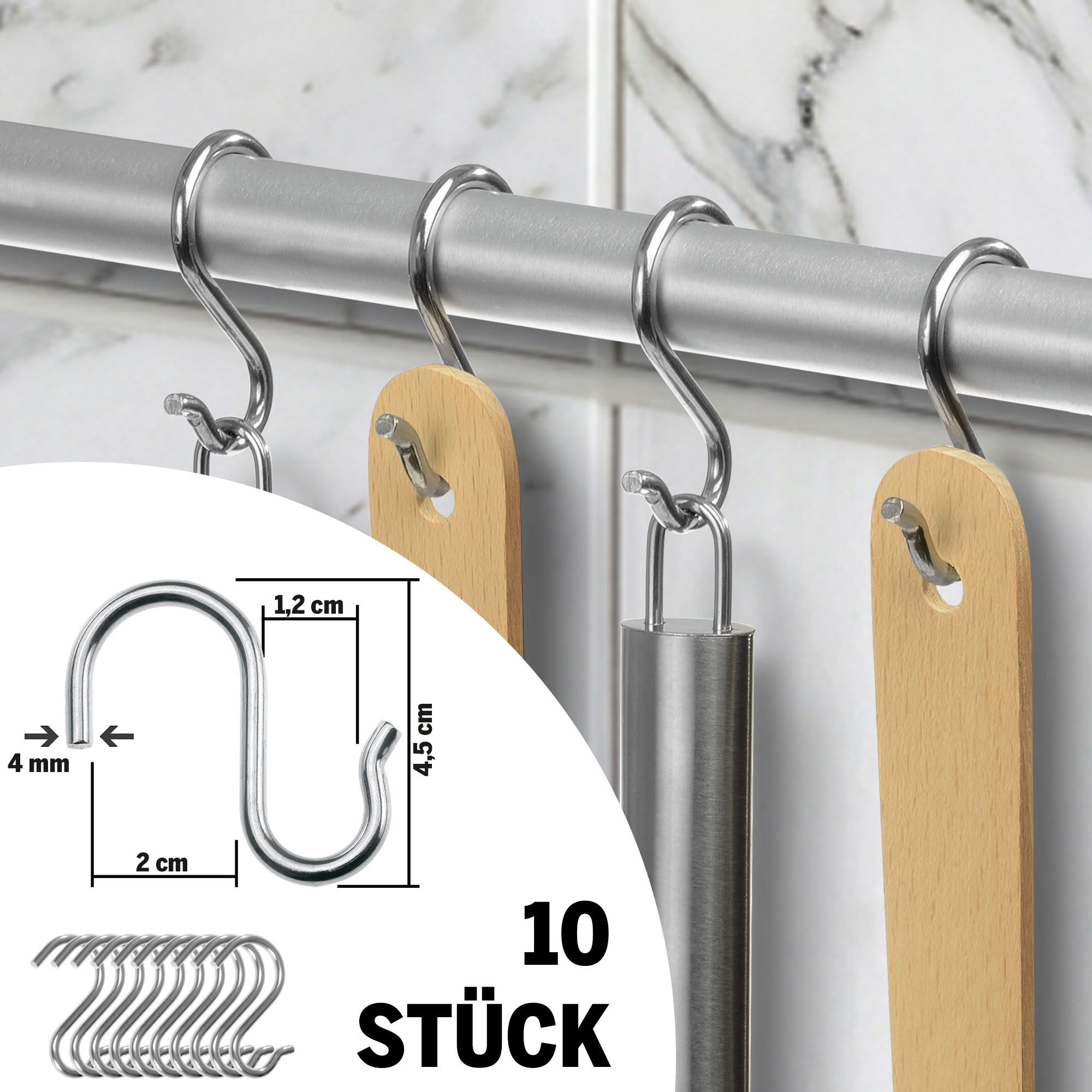 Lindenstein S-Haken S-Haken aus Edelstahl, 10er-Set für Küchenleisten ohne Bohren, Küchenutensilien, Werkstatt, Lagerraum, Kleiderschrank, (Set, 10-St., 10), Bohrfrei, stabil, haltbar, rostbeständig, belastbar von Lindenstein