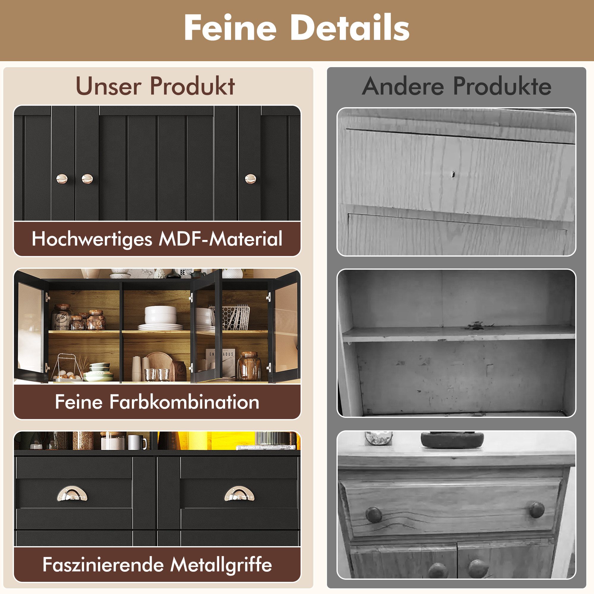 i@home Hochschrank Küchenschrank, Vitrinenschrank, schwarz/weiß, 140×40×175cm Mit Verstellbaren Ablagen und LED, Variable Lichtfarben per App – Bild 2 von 5