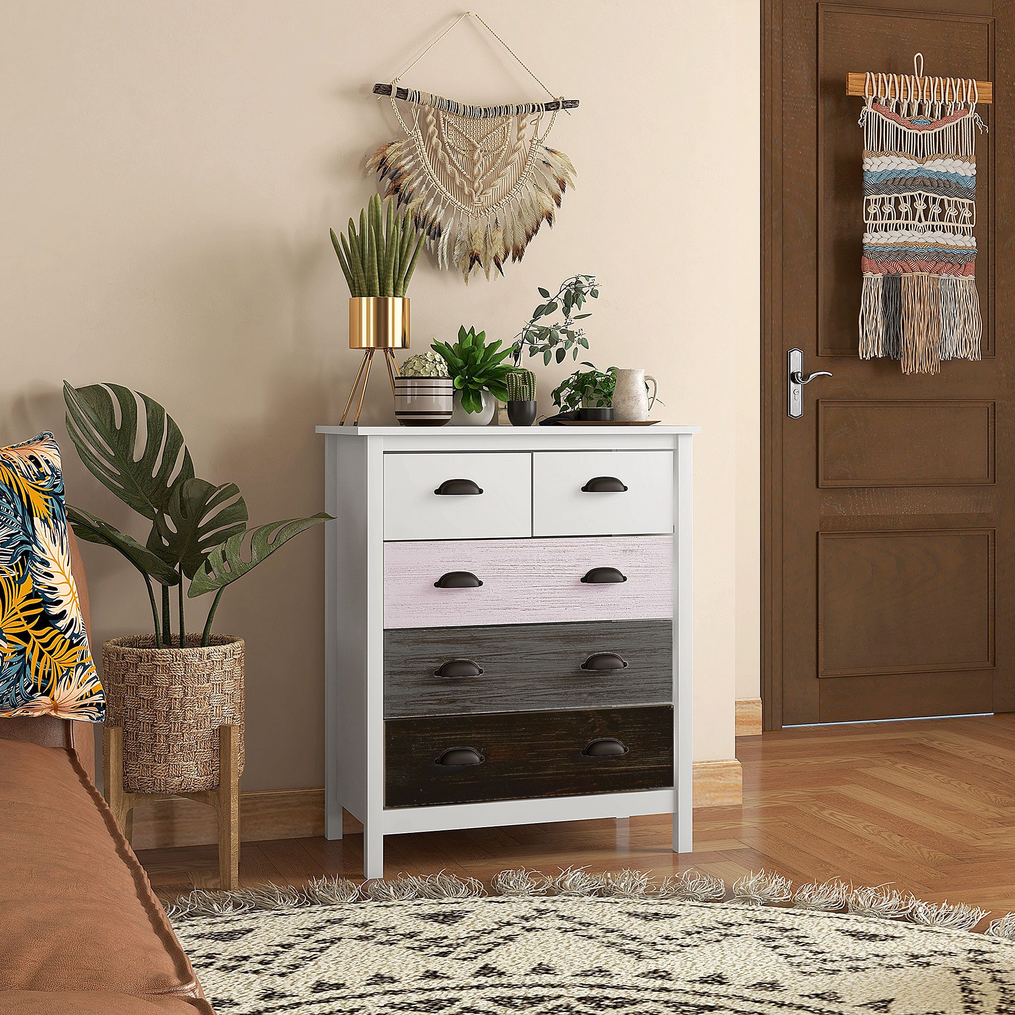 HOMCOM Kommode mit 5 Schubladen, Griff, Kippschutz, 70 x 38 x 85 cm (Schubladenschrank, 1 St., Aufbewahrungsschrank), für Schlafzimmer, Wohnzimmer, Weiß