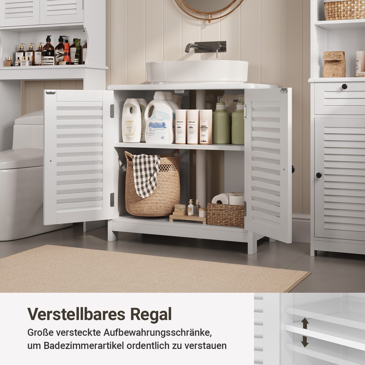 Bealife Waschbeckenunterschrank mit 2 Lamellentüren, Verstellbare Ablage, Weiß – Bild 4 von 5
