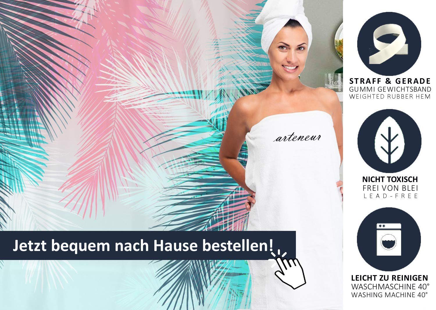 Arteneur Duschvorhang Breite 120 cm, Anti-Schimmel Beschichtet, Beschwerter Saum, Waschbar 40°C