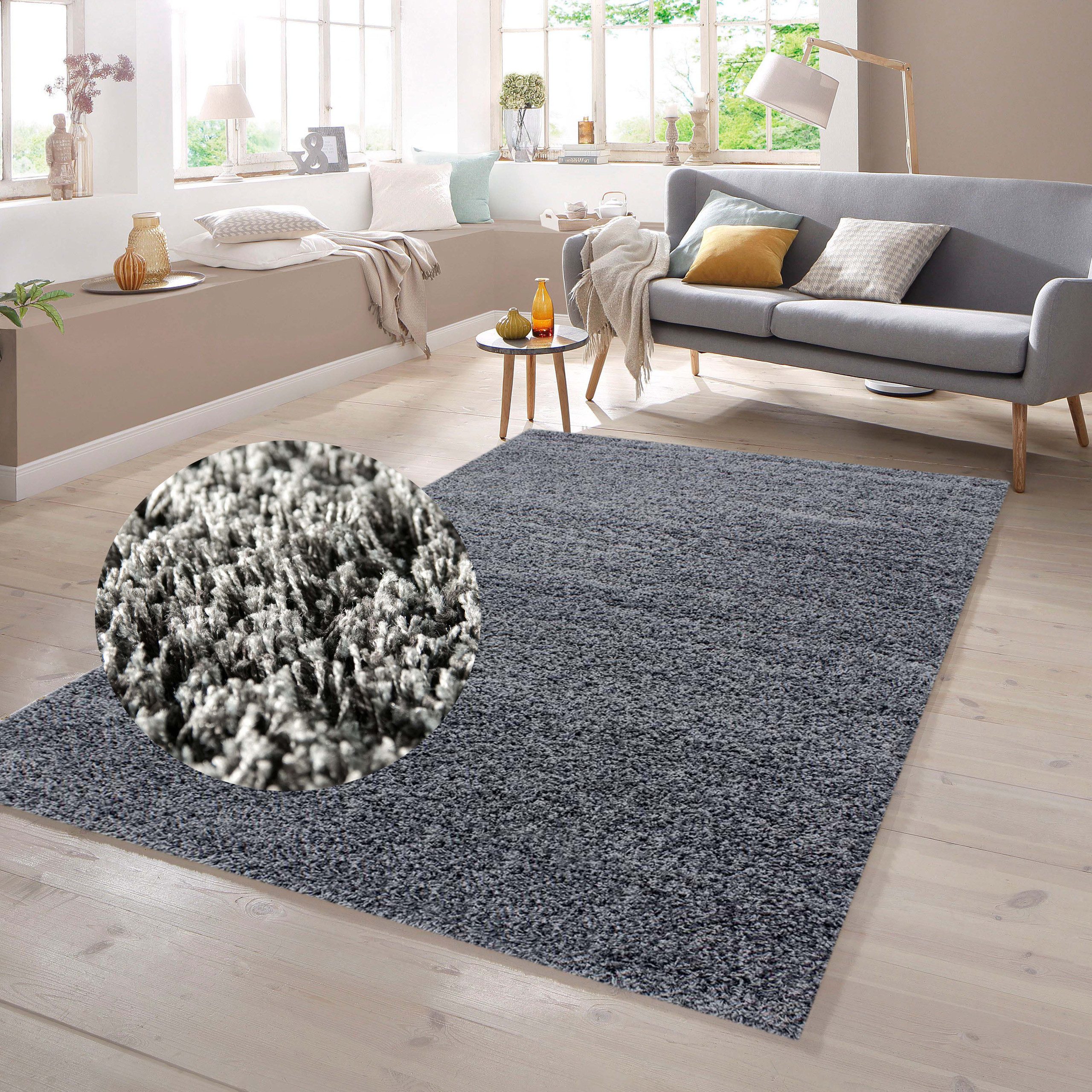 TeppichHome24 Teppich Shaggy Teppich Uni Design Grau, rechteckig, Höhe: 13 günstig online kaufen