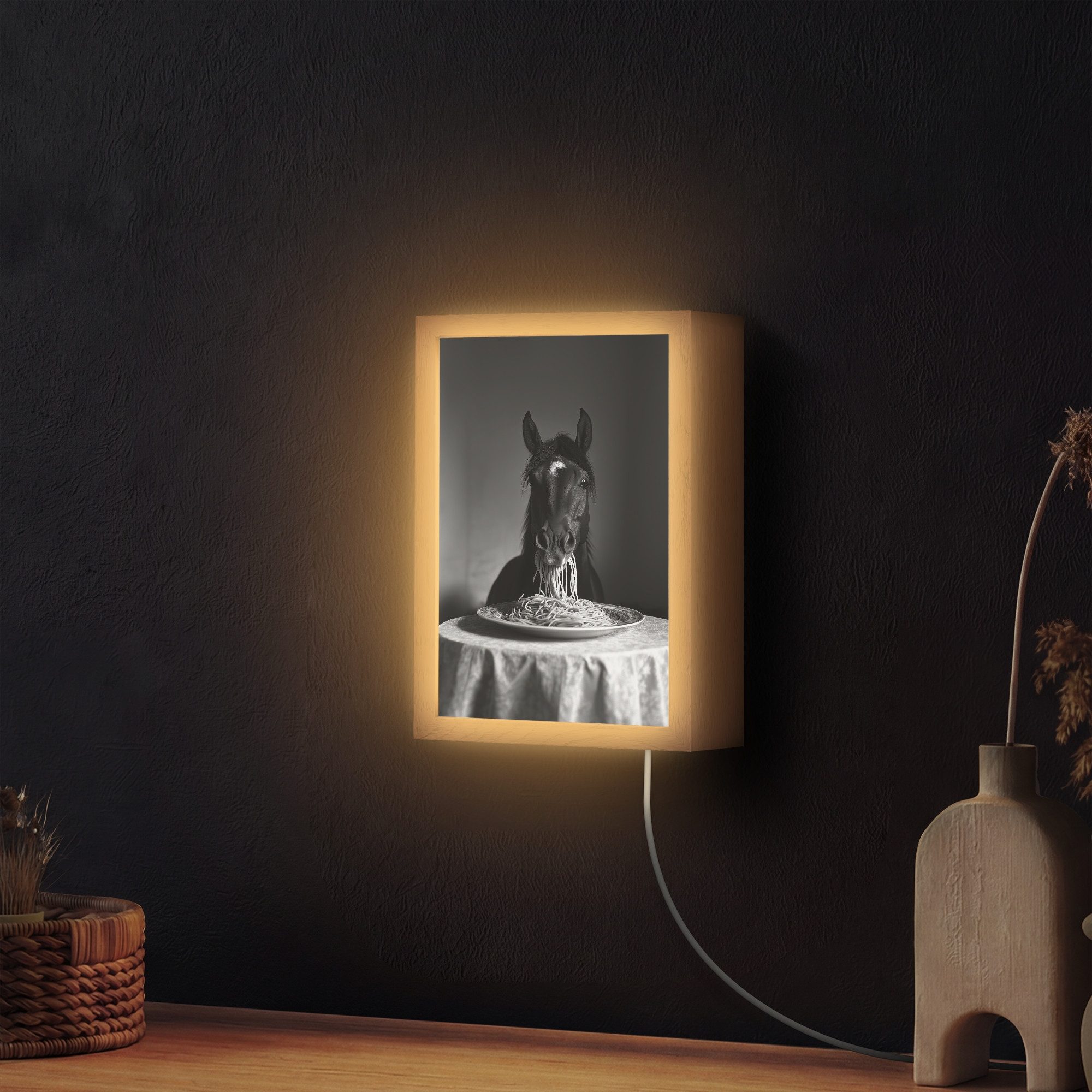 OnlyWow Wandleuchte Lightbox Pferd - Teller - Pasta - Tischtuch - Schwarz und weiß - Tiere, Dimmbar, Farbwechsel, LED, Warmweiß, Kaltweiß, Neutralweiß Einstellbar, Wandlampe Innen, Dimmbar, mit Kabel, LED, Beleuchtung, Wohnzimmer