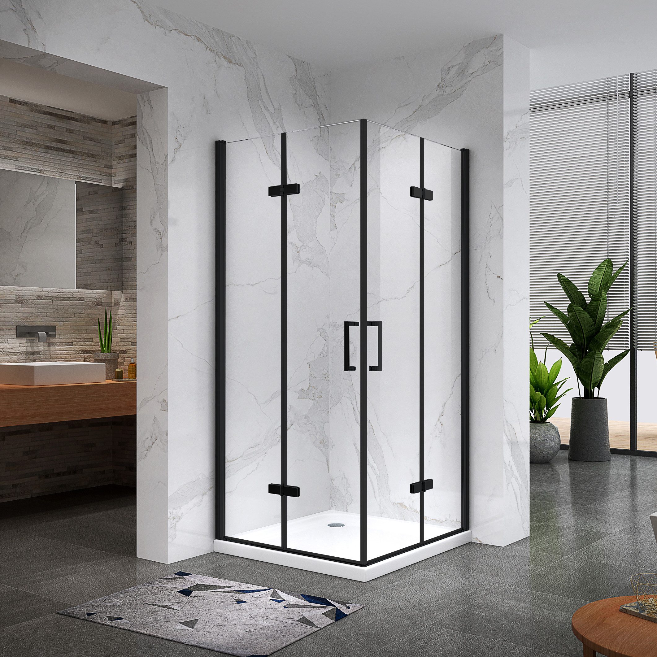 i-flair Eckdusche Falttür Duschkabine MATILDE aus durchsichtigem 6 mm Sicherheitsglas, BxT: 70x75 cm, Einscheibensicherheitsglas, ohne Duschtasse, mit hochwertigen Aluminiumprofilen in schwarz, ebenerdiger Einbau möglich, mit Falttüren