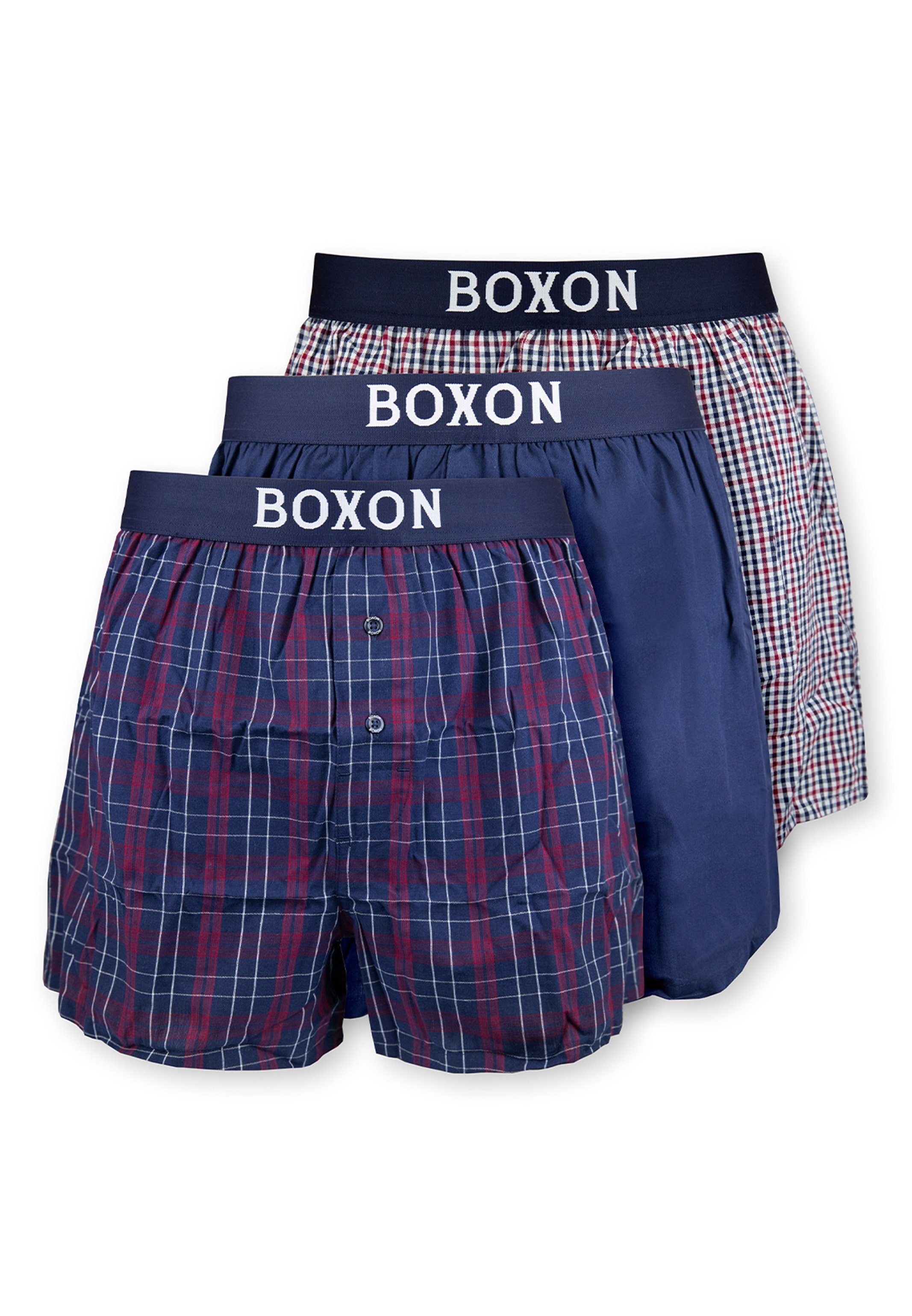 BOXON Boxershorts 3er Pack Web (Spar-Set, 3-St) Boxershorts - Baumwolle - Mit Eingriff - Softer Gummibund Bordeux