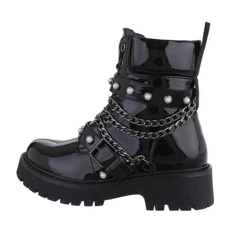 Ital-Design Damen Schnürschuhe Biker Stiefelette Blockabsatz Plateaustiefeletten in Schwarz