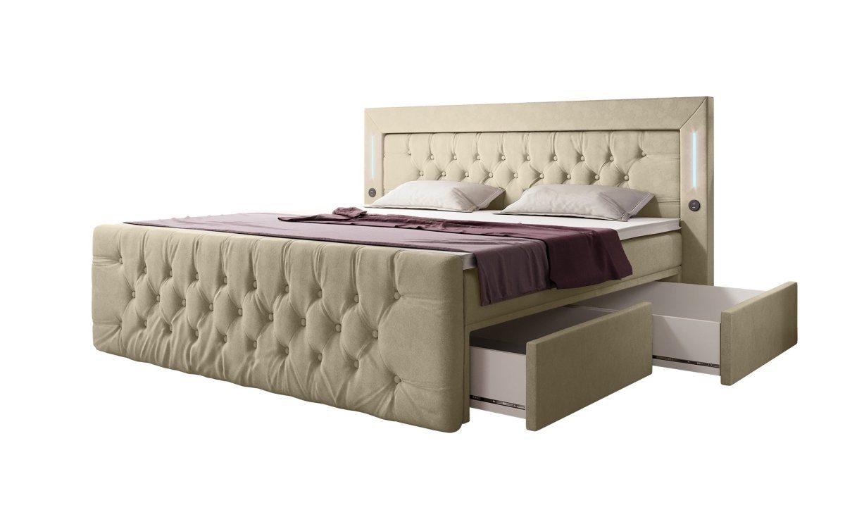 Luxusbetten24 Boxspringbett Diva, mit LED-Beleuchtung, USB-Anschluss und Stauraum