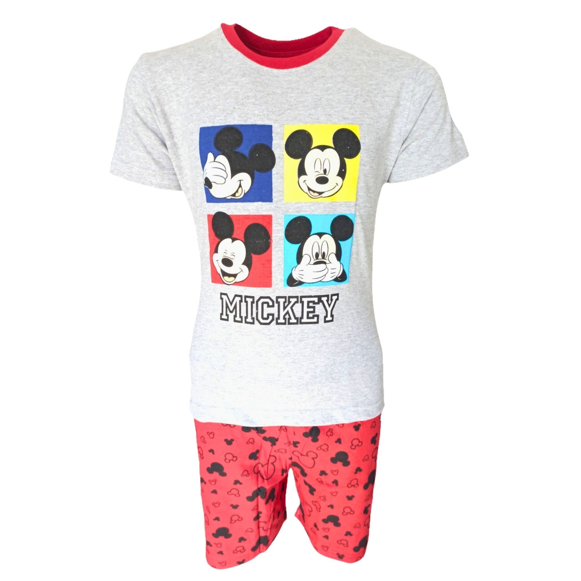 Mickey (2 Mouse 98-128 Schlafanzug Pyjama cm Grau-Rot tlg) kurzarm Gr. Mickey Jungen Shorty Maus Disney