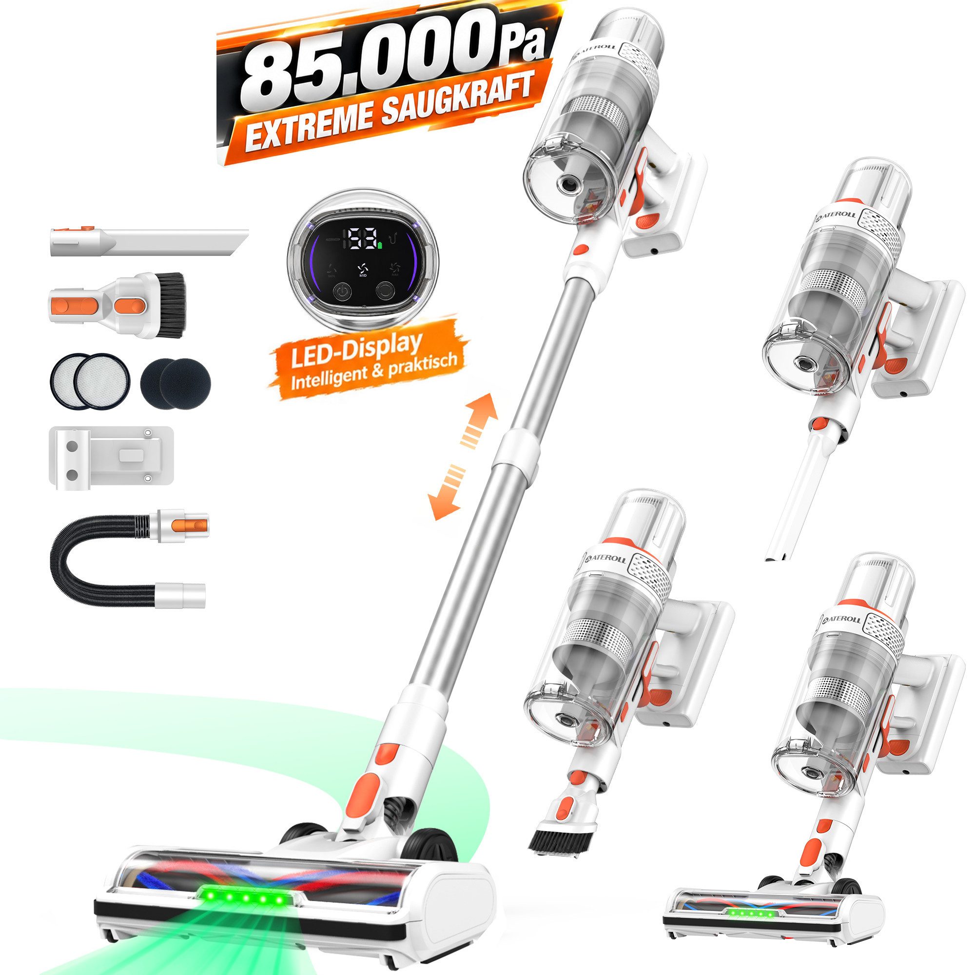 ATEROLL Akku-Hand-und Stielstaubsauger 85.000 Pa,Akku Staubsauger Kabellos,80 Min.Laufzeit Anti-Tangle-Bürste, 680 W, beutellos, H13 HEPA Filter,LED Bodendüse, Handstaubsauger für Tierhaare & Teppich