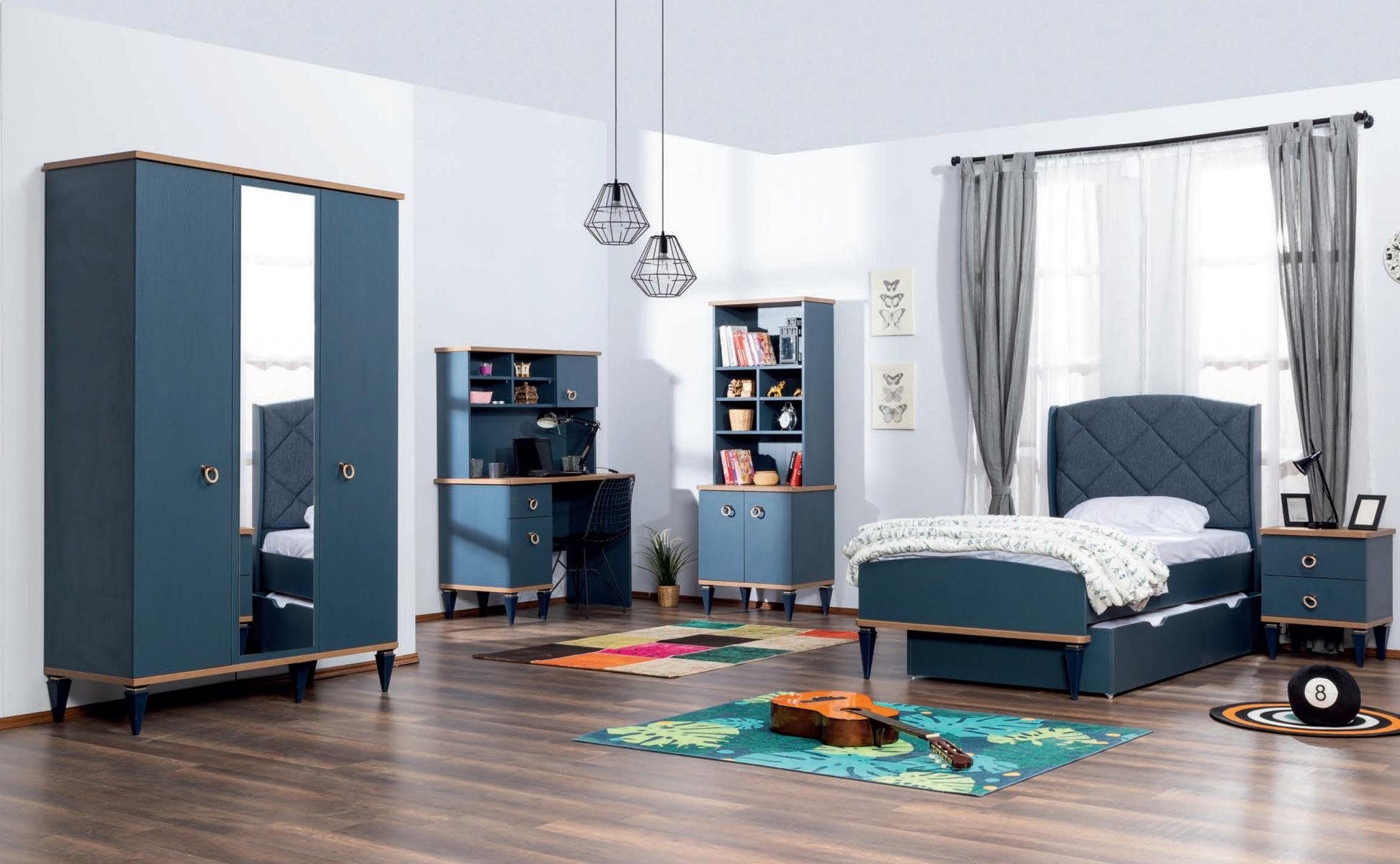 JVmoebel Jugendzimmer-Set Blaues Kinderzimmer-Set aus Holz und Glas mit Bett und Stauraum, (5-tlg), Made in Europa