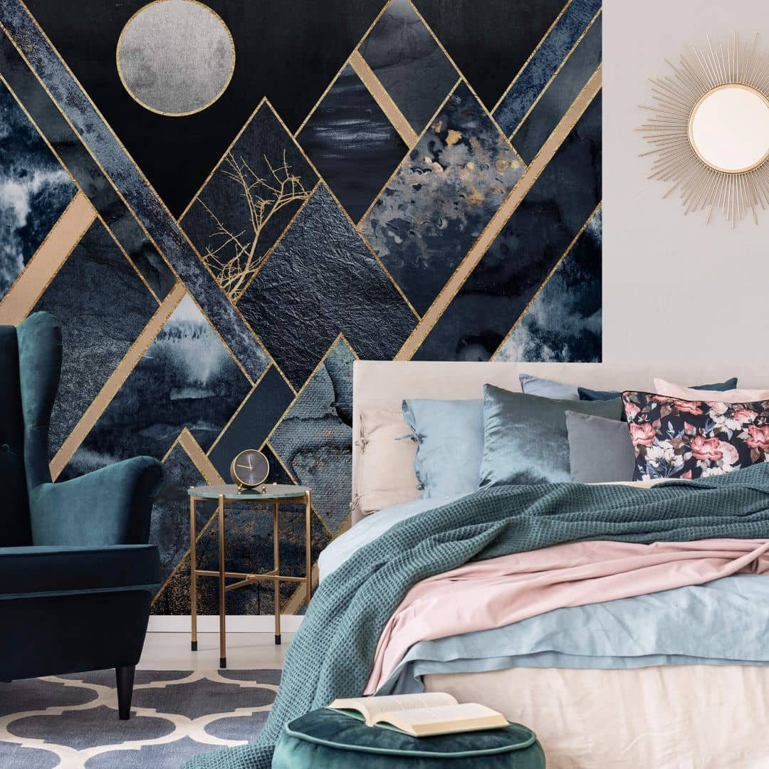 K&L Wall Art Fototapete Große Vliestapete XXL Art Deco Sonne Mond Nacht in den Bergen, Wohnzimmer Wandschutz