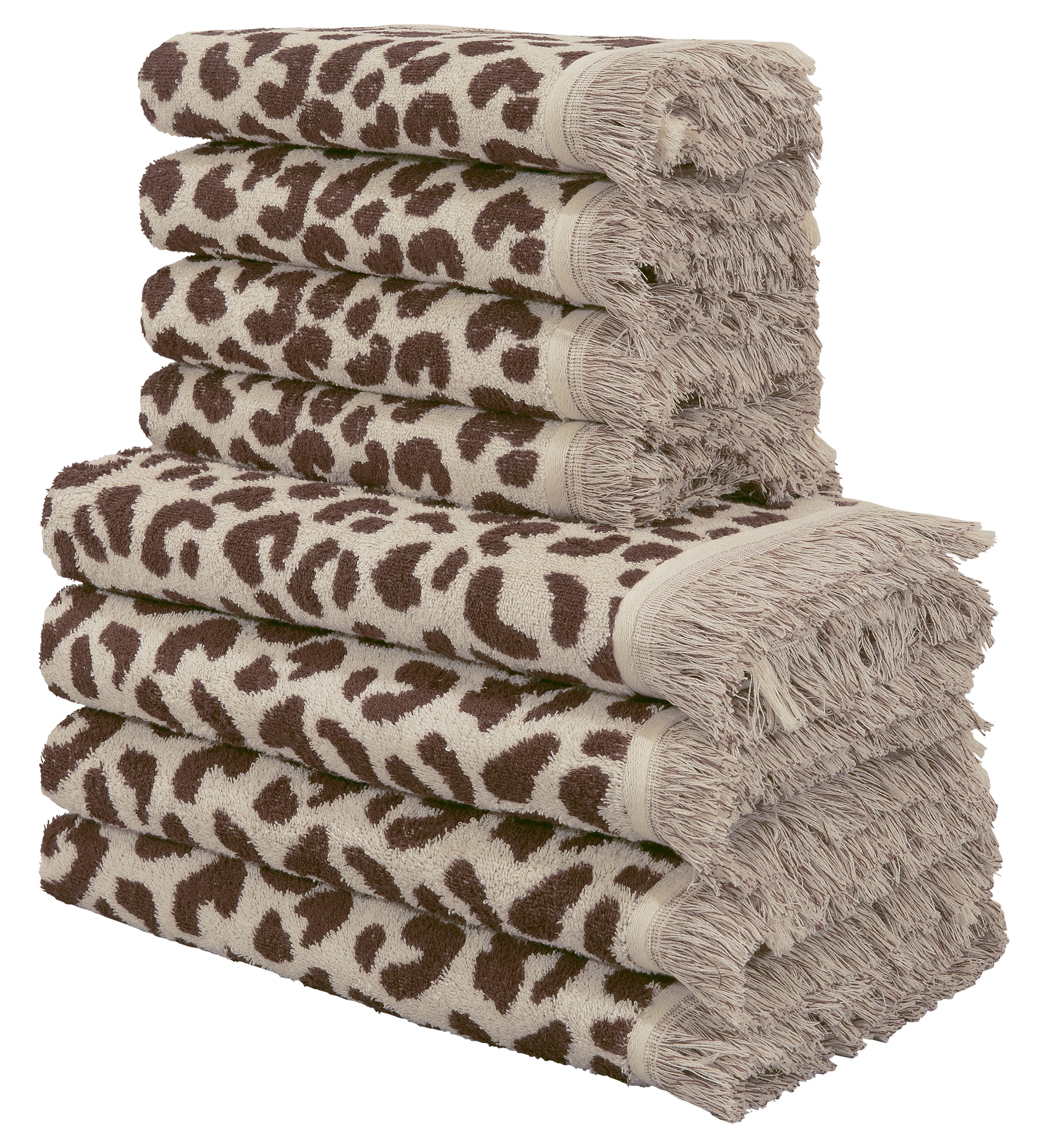 OTTO home Handtuch Set Tiffani, Leopardenmuster, Premium Handtücher 8-tlg, 500 gr/m², Frottier (Set, 8-St), 4 Duschtücher, 4 Handtücher, Animal Print, Leo, modern, mit Fransen