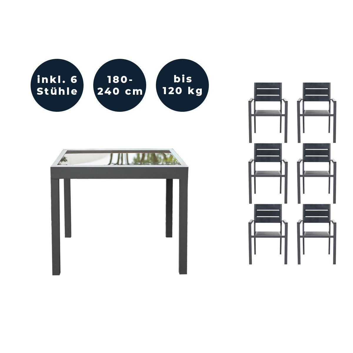 HOME DELUXE Sitzgruppe VERANO MADERA, (7-teilig, 1 Gartentisch, 6 Gartenstühle), im Set Tisch mit 2, 4, oder 6 Stühle Gartenstühle ausziehbarer Tisch