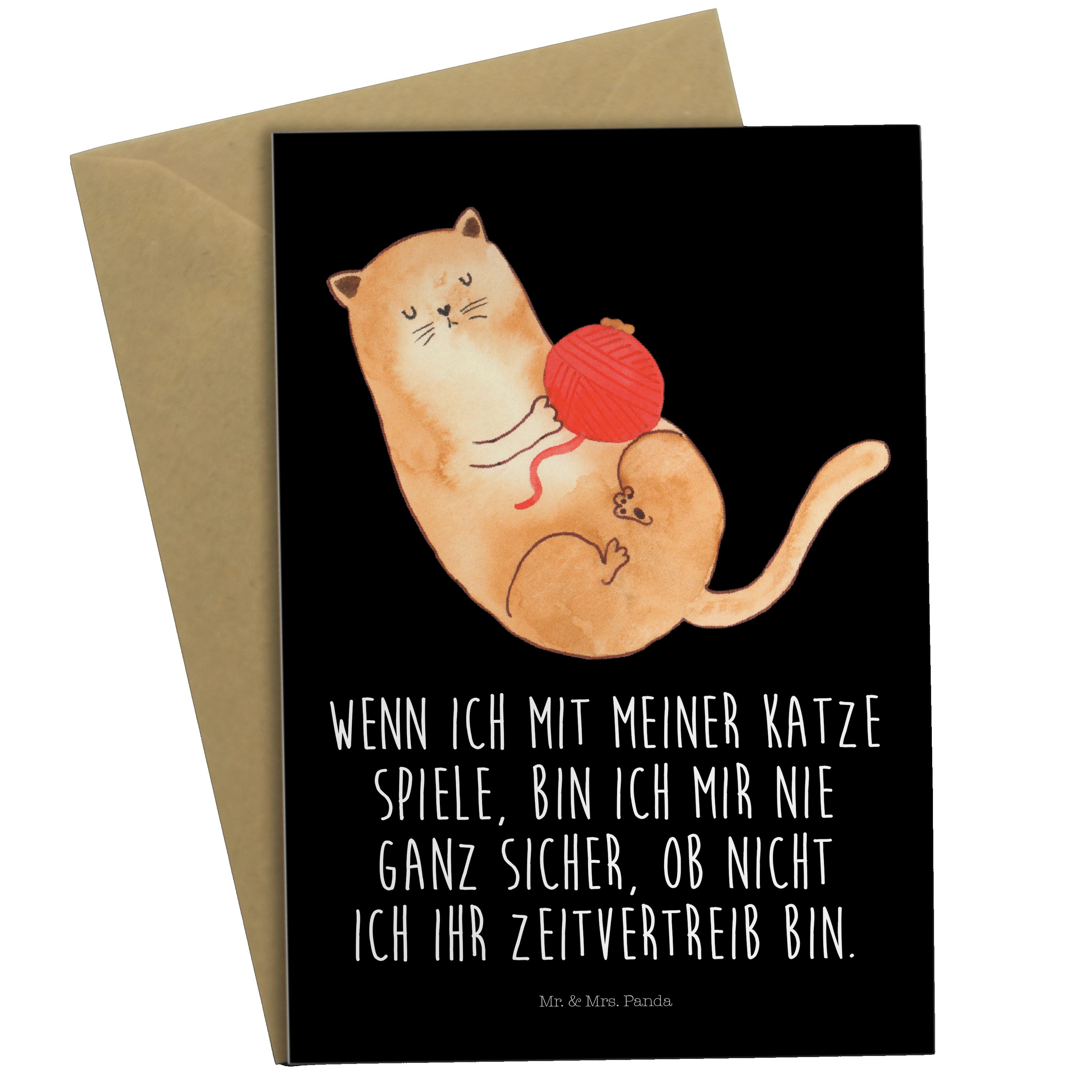 Mr. & Mrs. Panda Grußkarte Katzen Wollknäul - Schwarz - Geschenk, Klappkarte, Katzenliebhaberpro