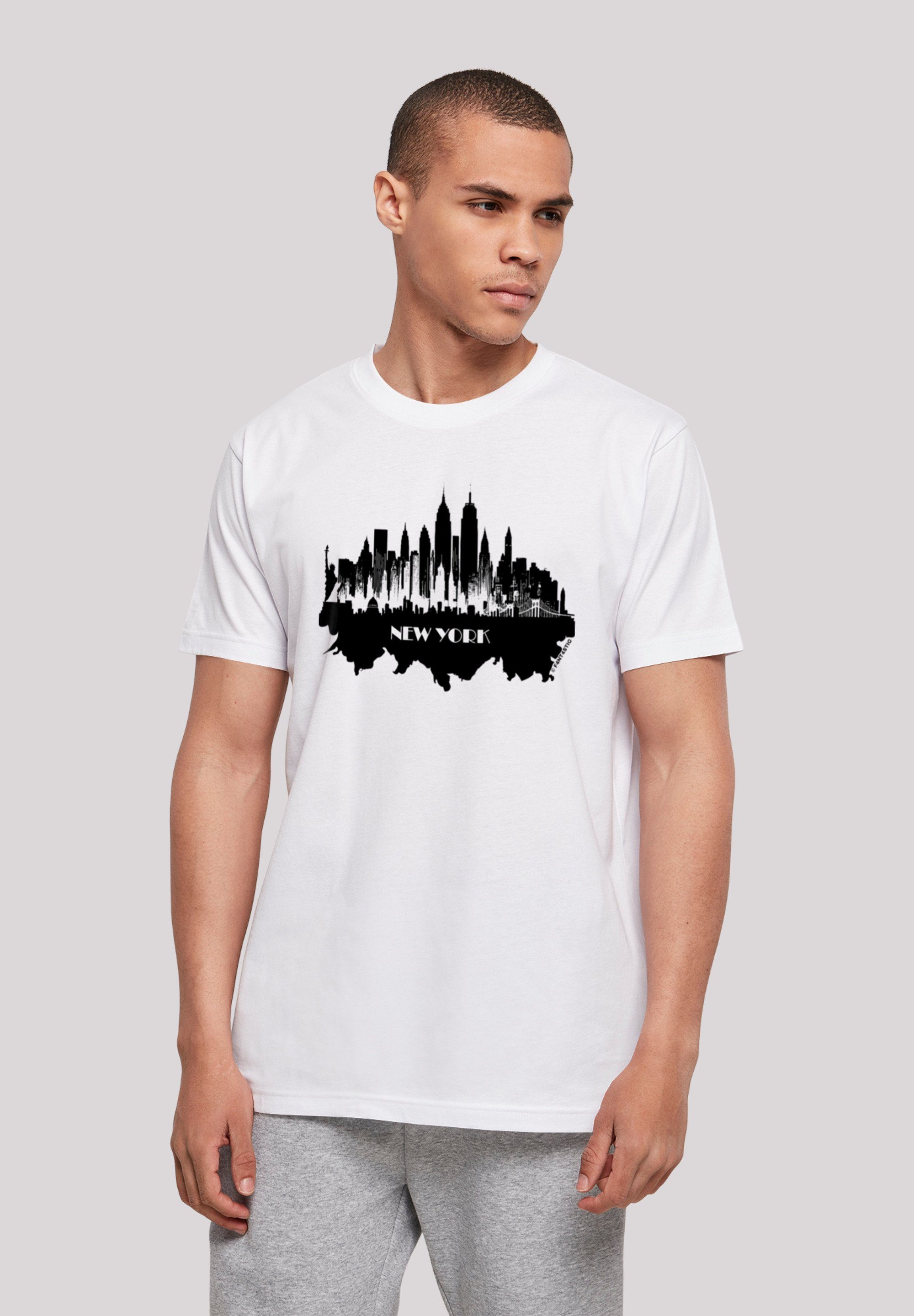 Saum - T-Shirt Rippbündchen New Doppelnähte F4NT4STIC York Hals Cities am Collection Print, skyline und am
