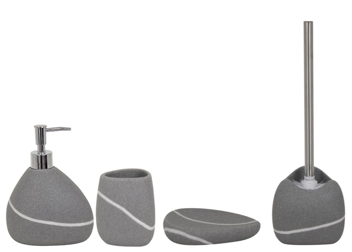 MSV Badaccessoires-Sets ZEN, Zubehör-Set aus hochwertigem Polyresin, Naturstein Optik, grau, 4 tlg., bestehend aus: WC-Bürste, Дозаторы мыла, Подставки для зубных щеток, Seifenschale