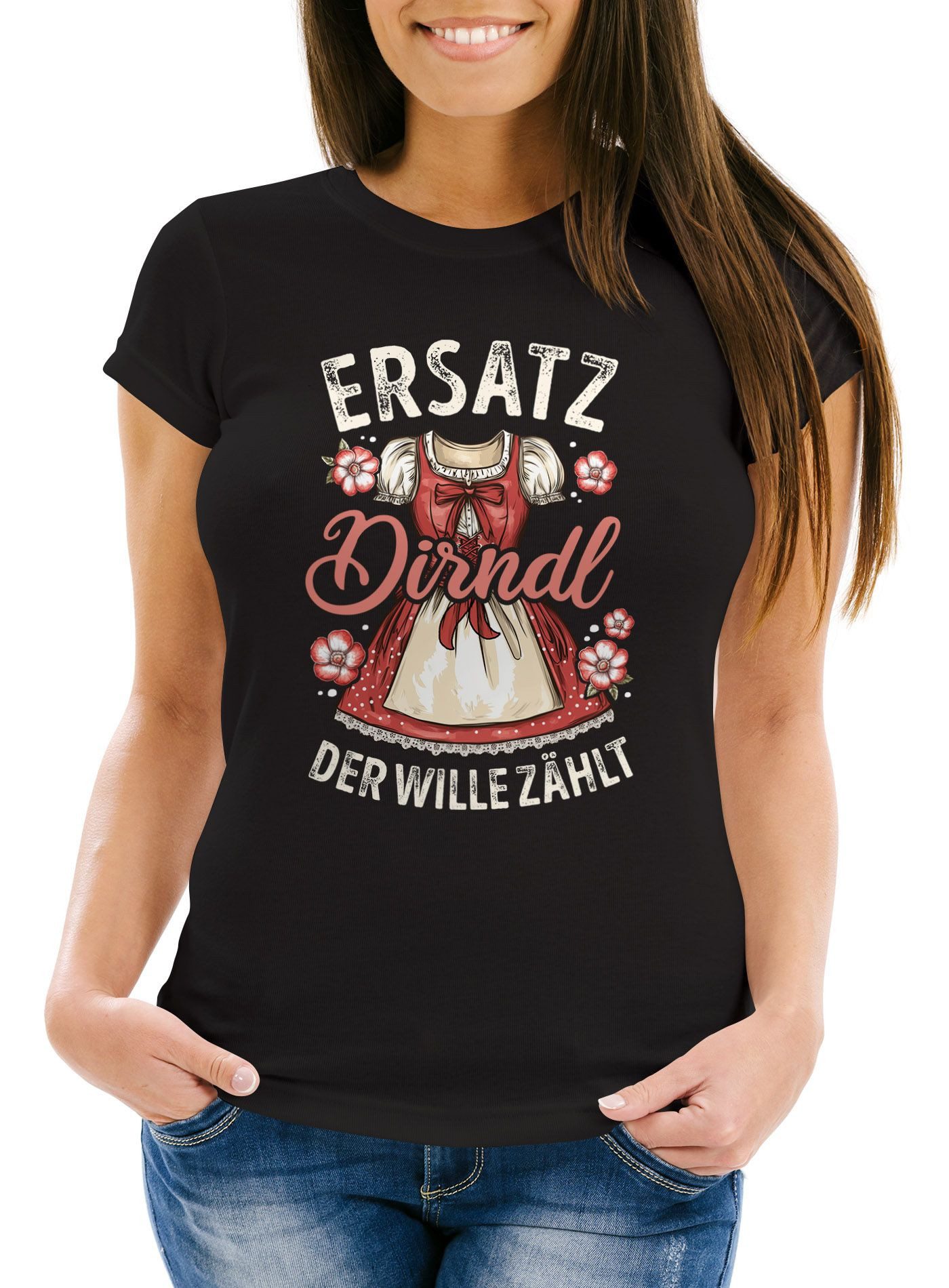 MoonWorks Print-Shirt Damen T-Shirt Trachtenshirt Ersatzdirndl Spruch Der Wille zählt mit Print