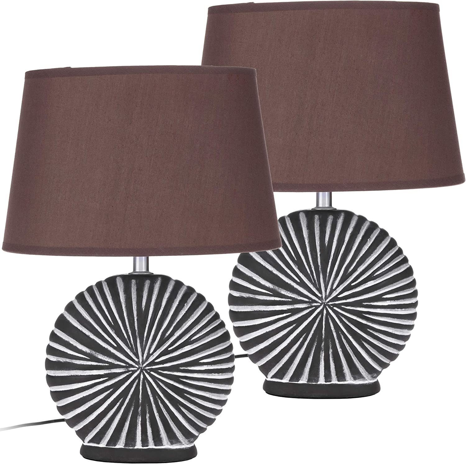 Nachttischlampe Stoffschirm 2er - Leuchtmittel, und Braun, Set Tischlampe Höhe cm Organic Keramikfuß - 36 - modern BRUBAKER ohne