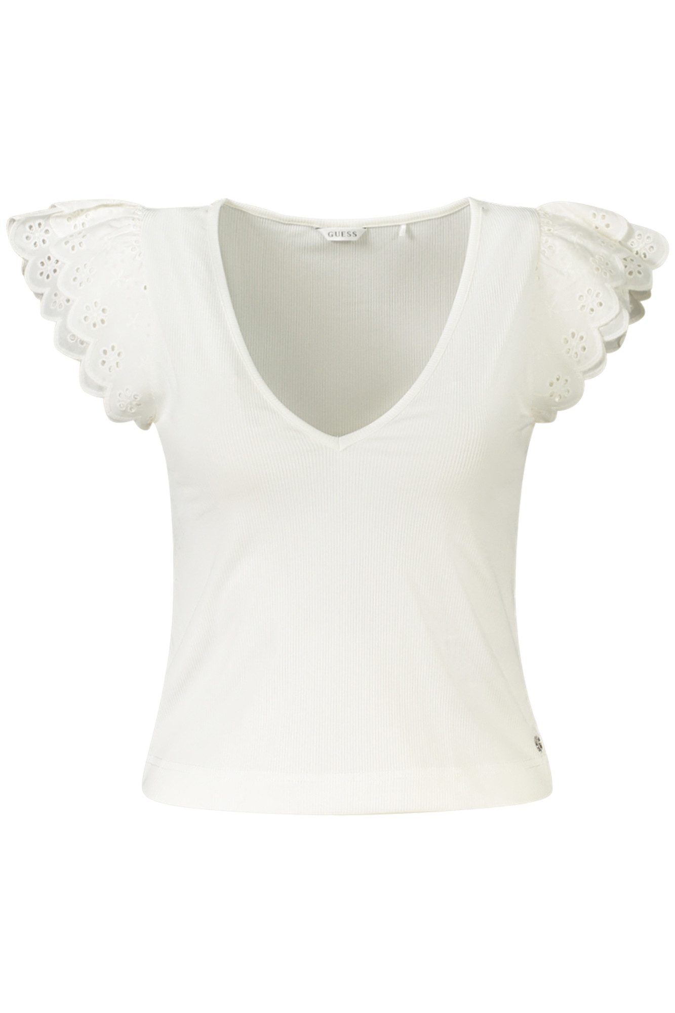 GUESS JEANS T-Shirt Weißes Kurzarm Damen T-Shirt mit V-Ausschnitt und