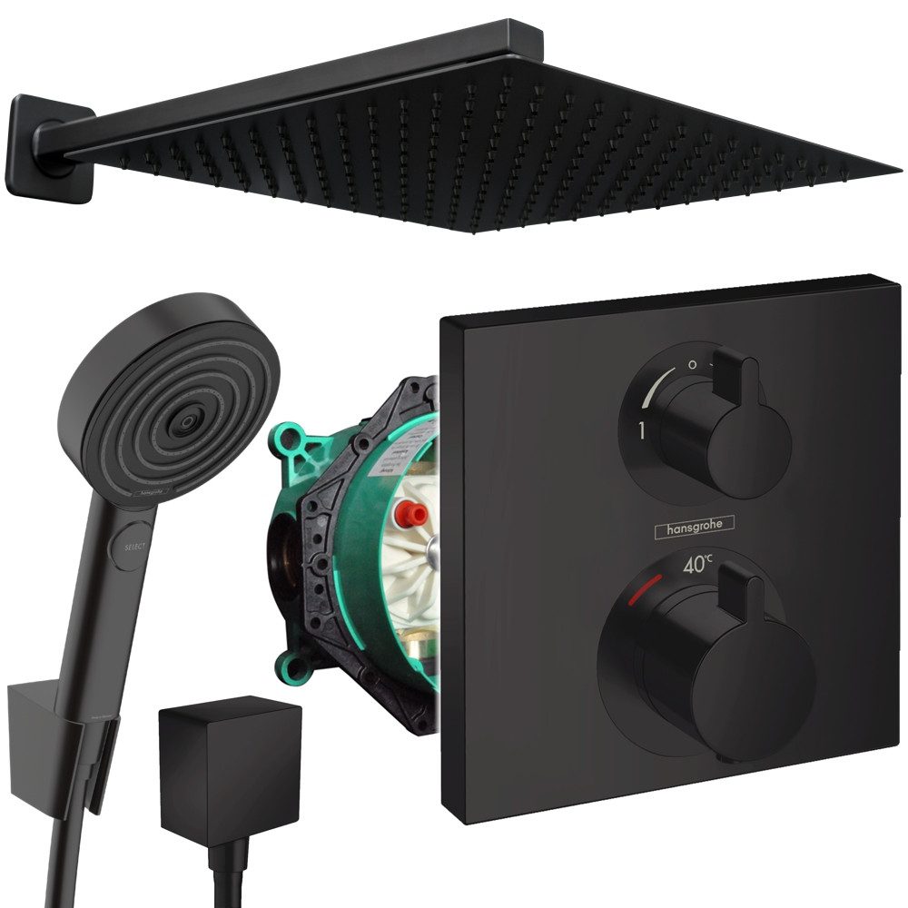 Hansgrohe und Jowi Duscharmatur Ecostat Square + Pulsify Unterputz Duscharmatur, Thermostat, Schwarz (Unterputz-Duschsystem) Mattschwarz, Thermostat