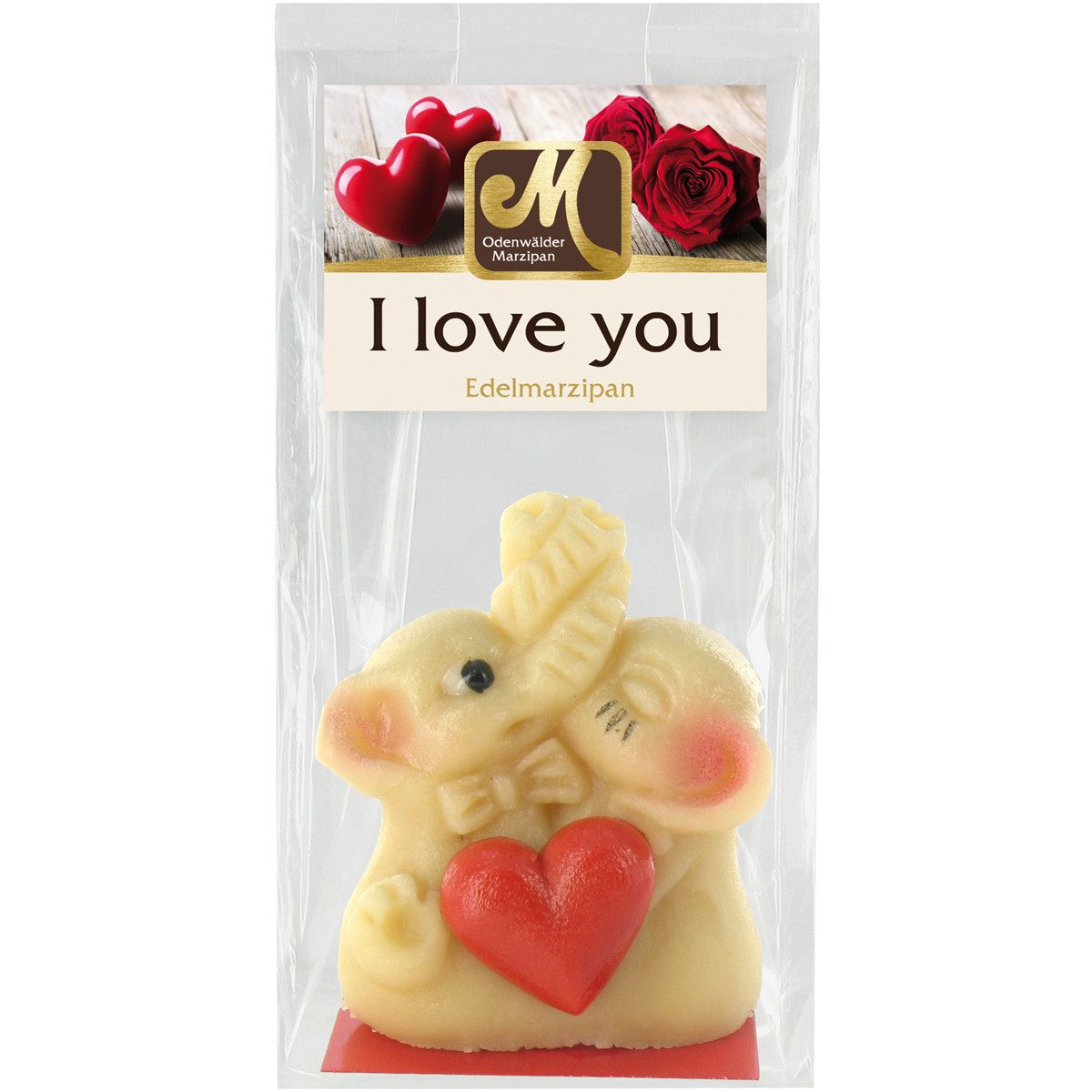 Odenwälder Marzipankonditorei Süßigkeit, Odenwälder Marzipan zwei küssende Elefanten mit Herz I Love You 60g