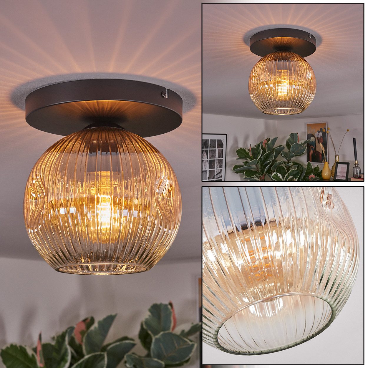 Deckenleuchte Deckenlampe aus Metall/Riffelglas in Schwarz/Bernsteinfarben/Klar