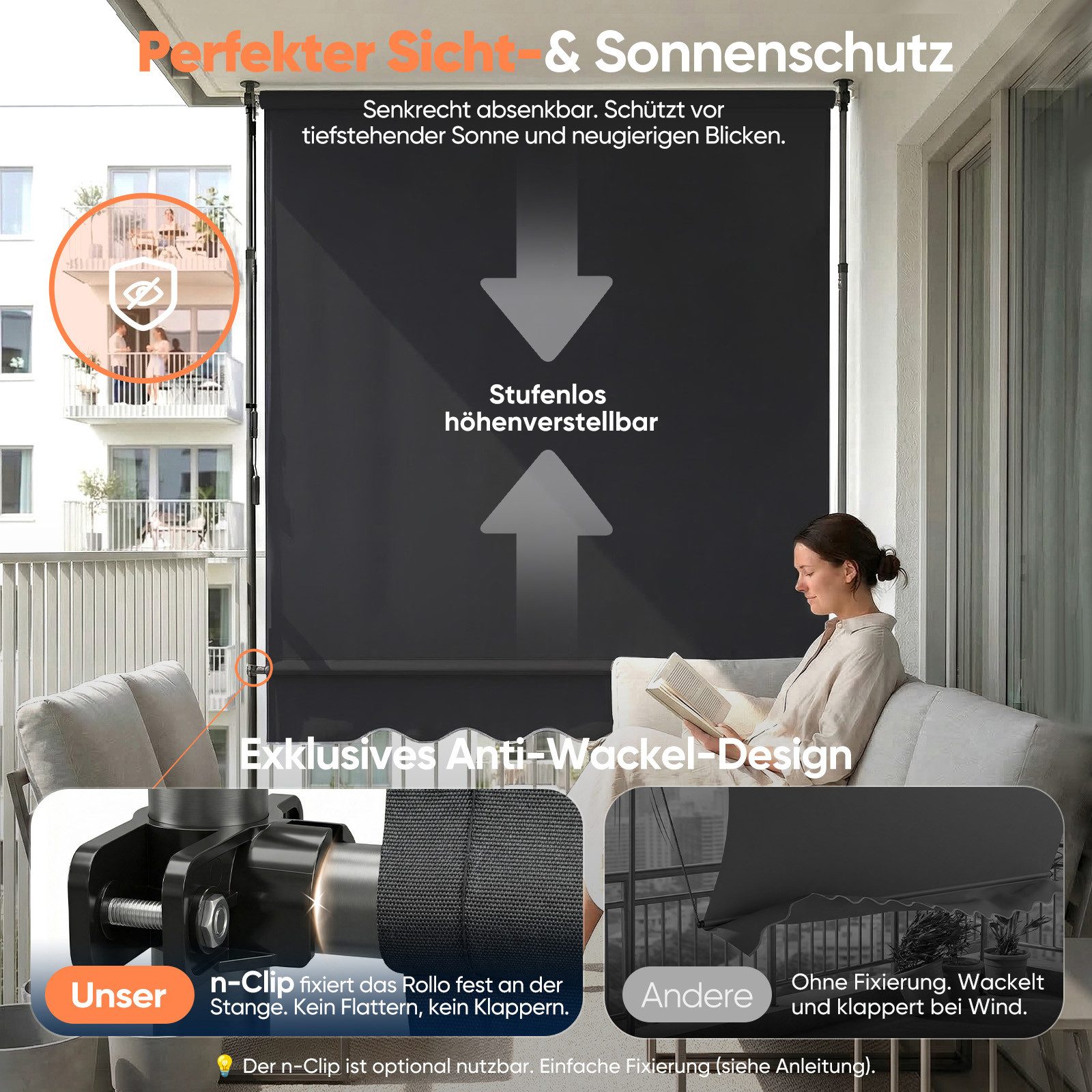 Sekey Klemmmarkise Markise für balkon mit Kurbel Sonnenschutz ohne Bohren UV-beständig B x H: 150 x 212-310 cm, Dunkelgrau