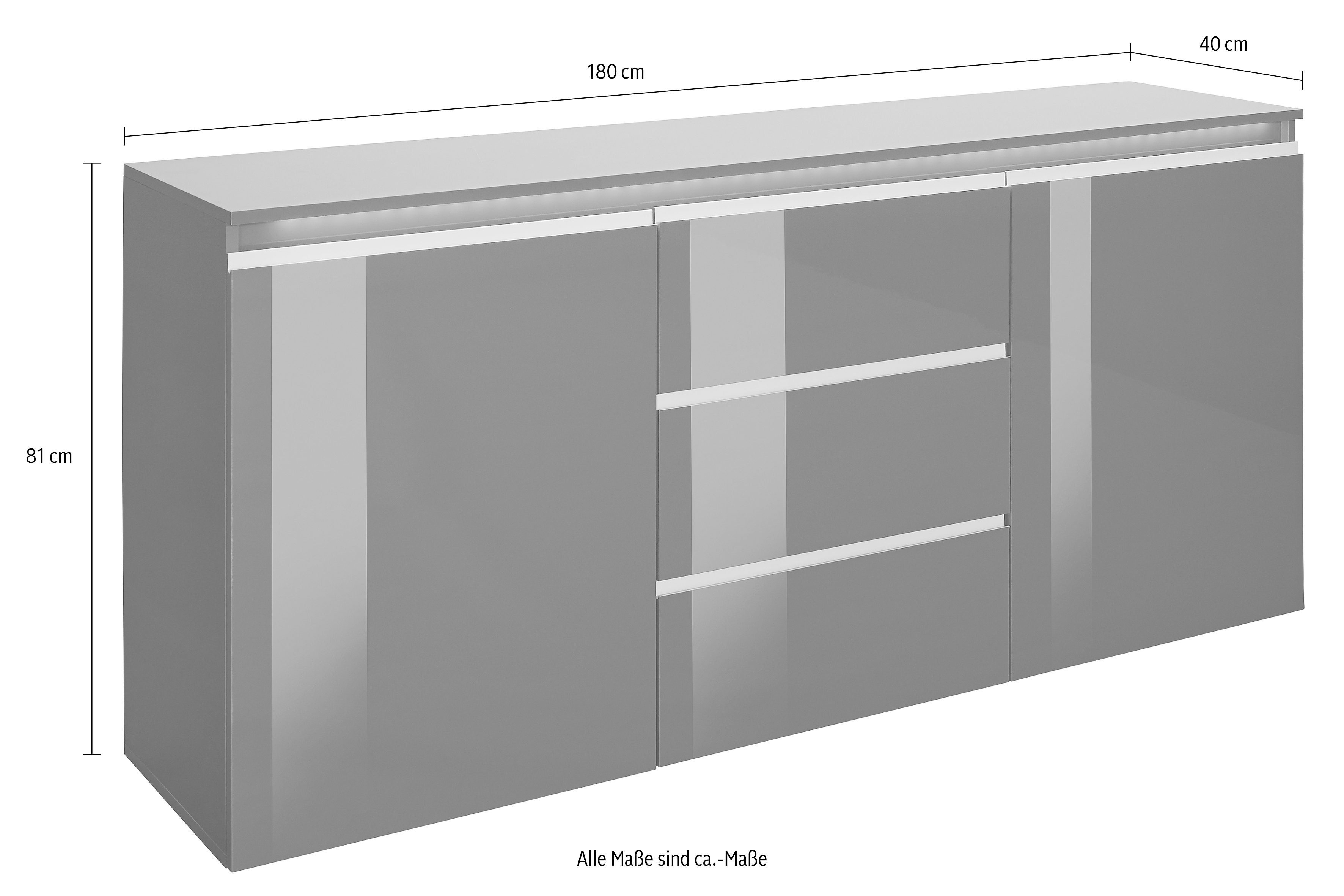 Home affaire Sideboard Magic, Kommode, Schrank, Stauraumschrank, mit 2 Türen und 3 Schubkästen Hochglanz lackiert (B/T/H) 180x40x81 cm