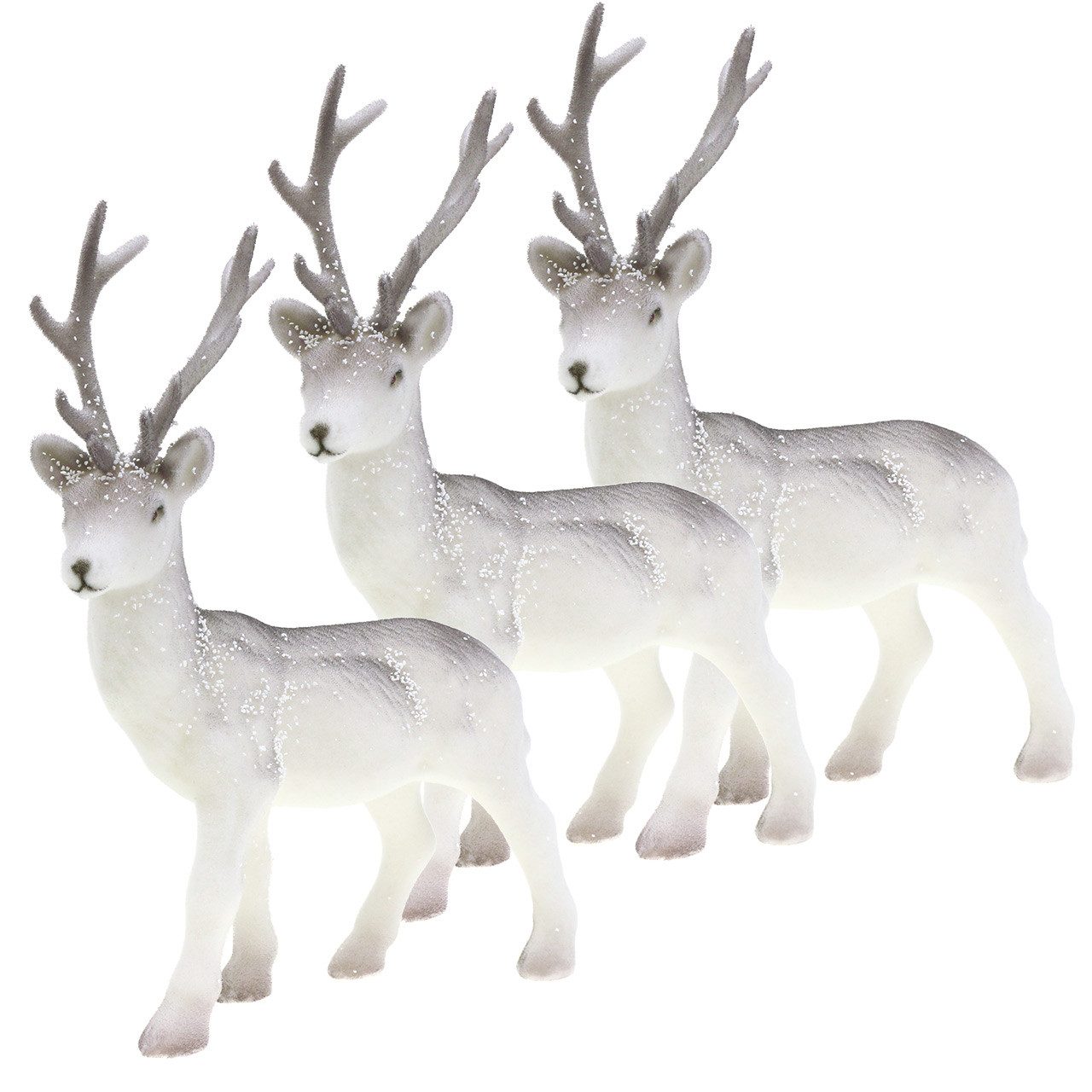 Viana Schneemann Deko Hirsch beflockt beschneit 20cm Weiß Grau 3er Set Weihnachtsdeko